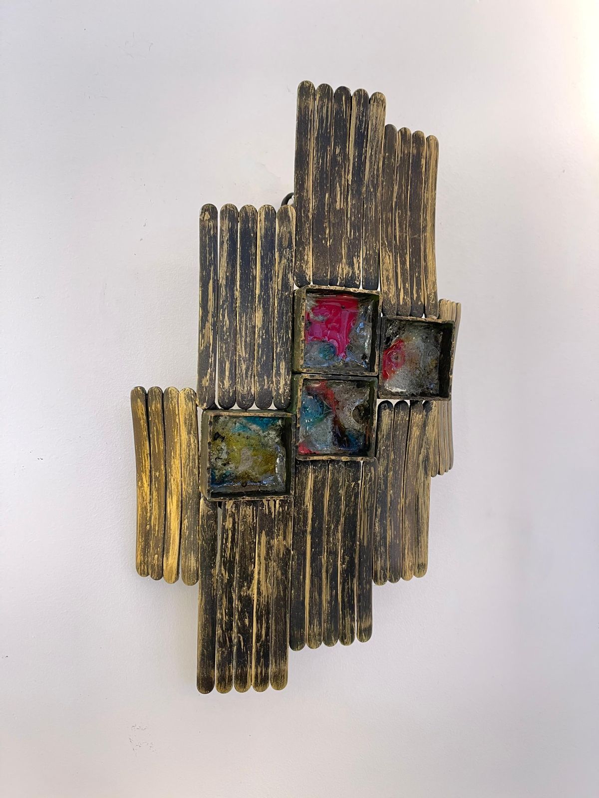Pair Of Brutalist Gilt Metal And Glass Sconces. Italy, 1970s photo 3250.0