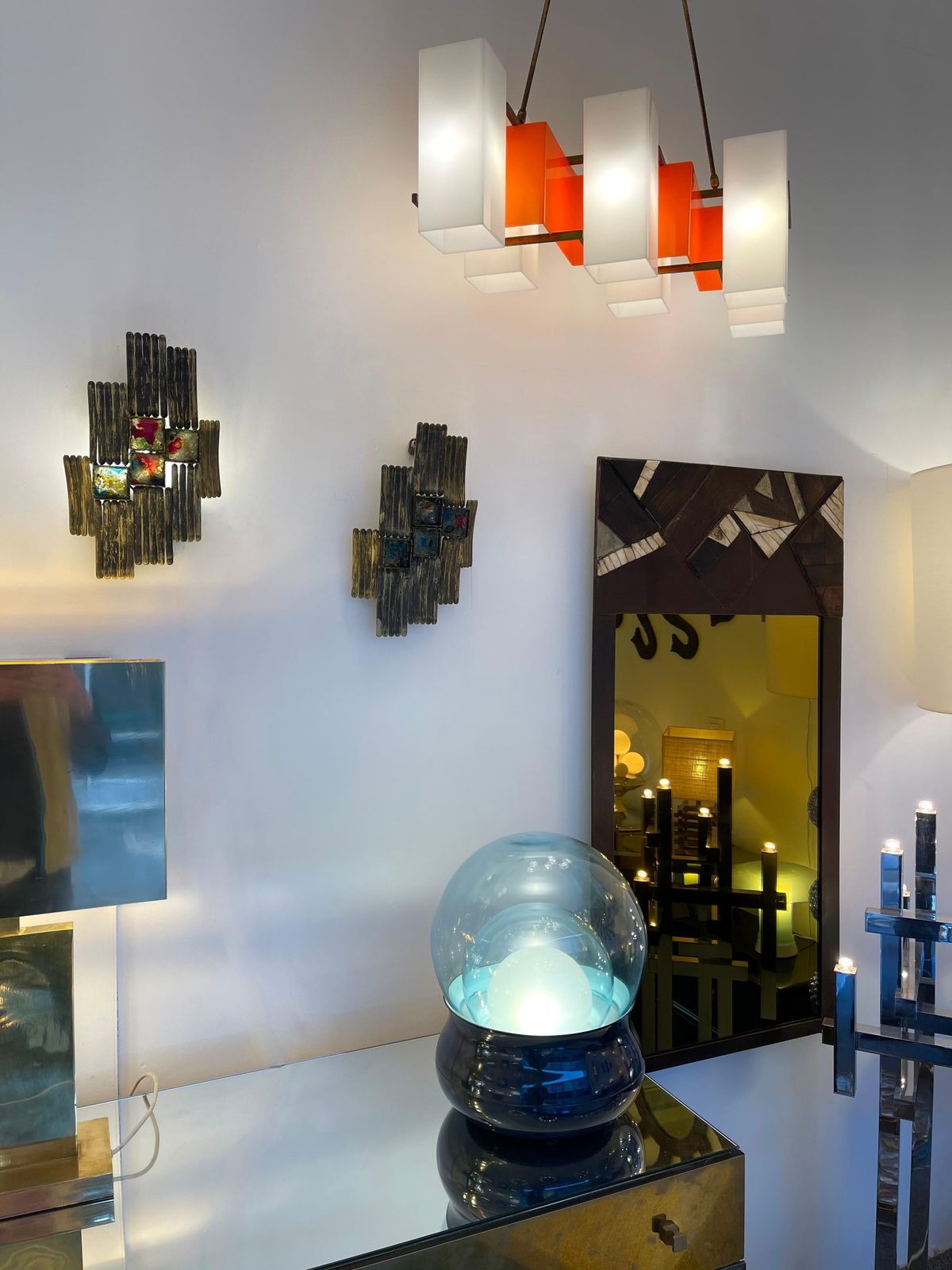 photo furniture Pair Of Brutalist Gilt Metal And Glass Sconces. Italy, 1970s