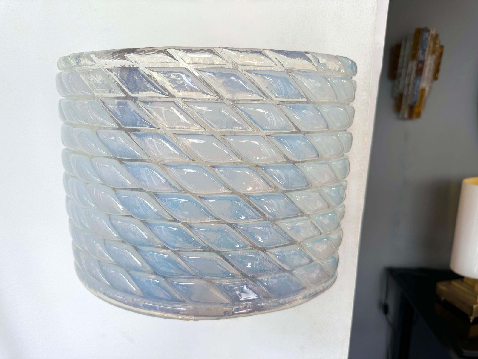 Contemporary Pair Of Brass And Blue Opal Murano Glass Sconces, Italy photo vinterior