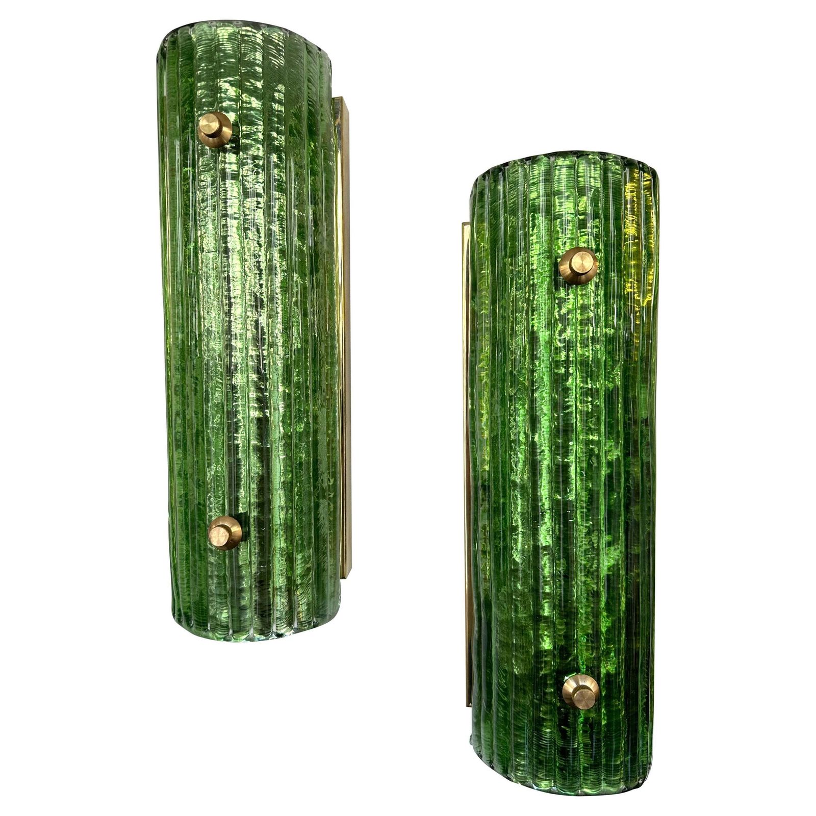 Contemporary Pair Of Brass And Green Murano Glass Sconces, Italy