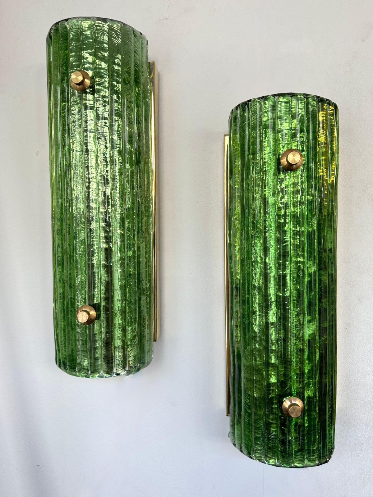 Contemporary Pair Of Brass And Green Murano Glass Sconces, Italy photo furniture