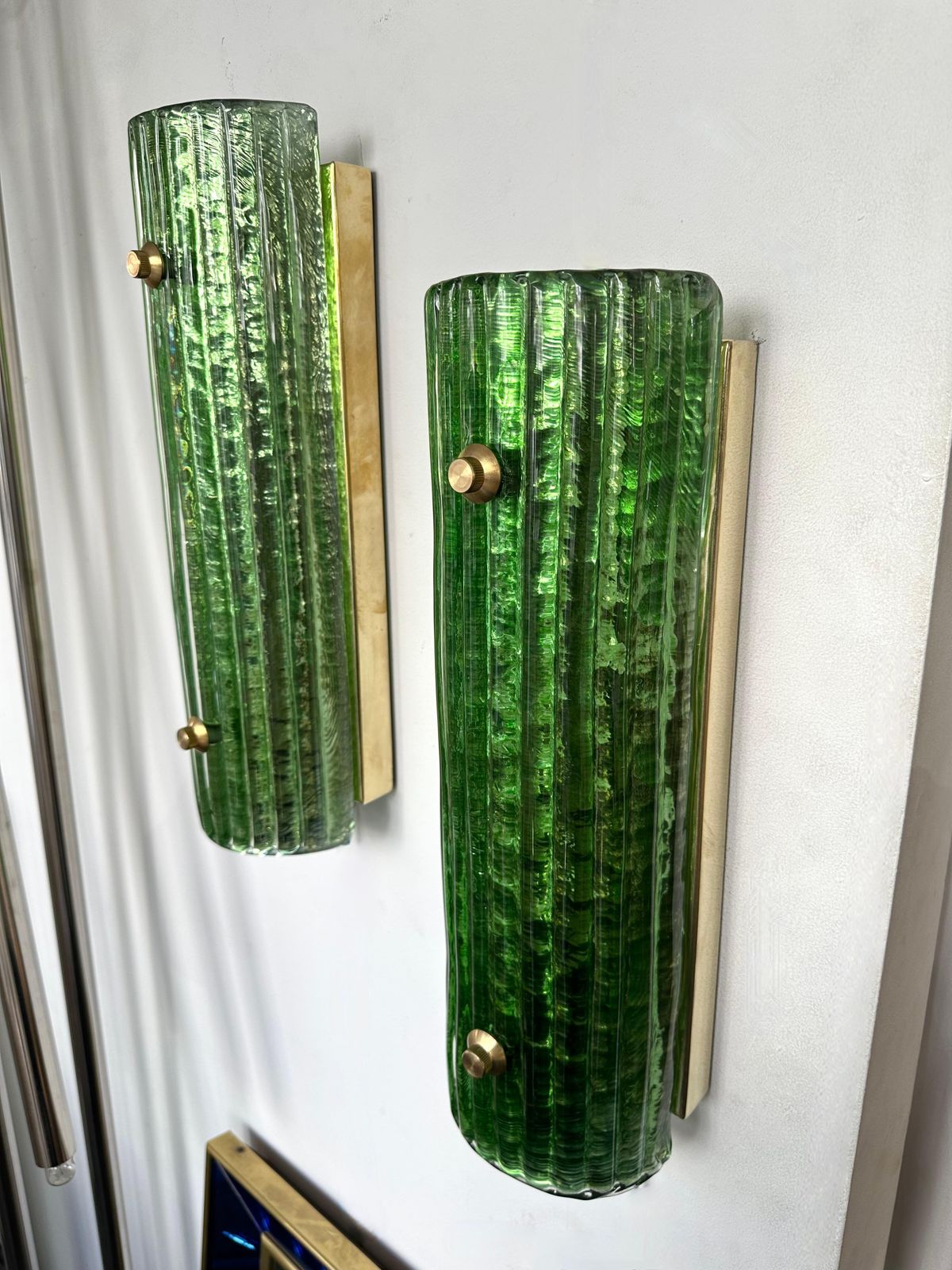 Contemporary Pair Of Brass And Green Murano Glass Sconces, Italy photo vintage