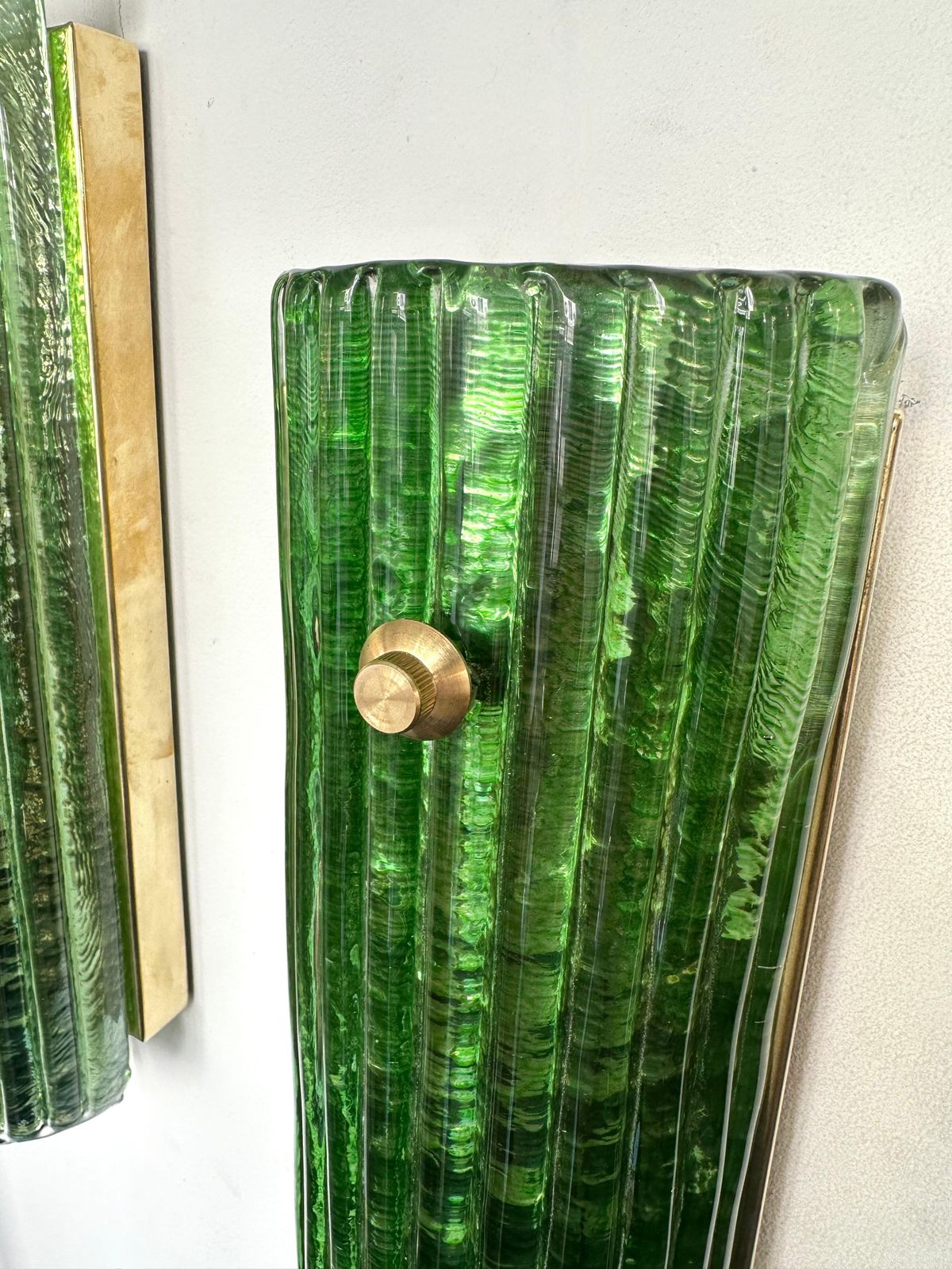 photo furniture Contemporary Pair Of Brass And Green Murano Glass Sconces, Italy