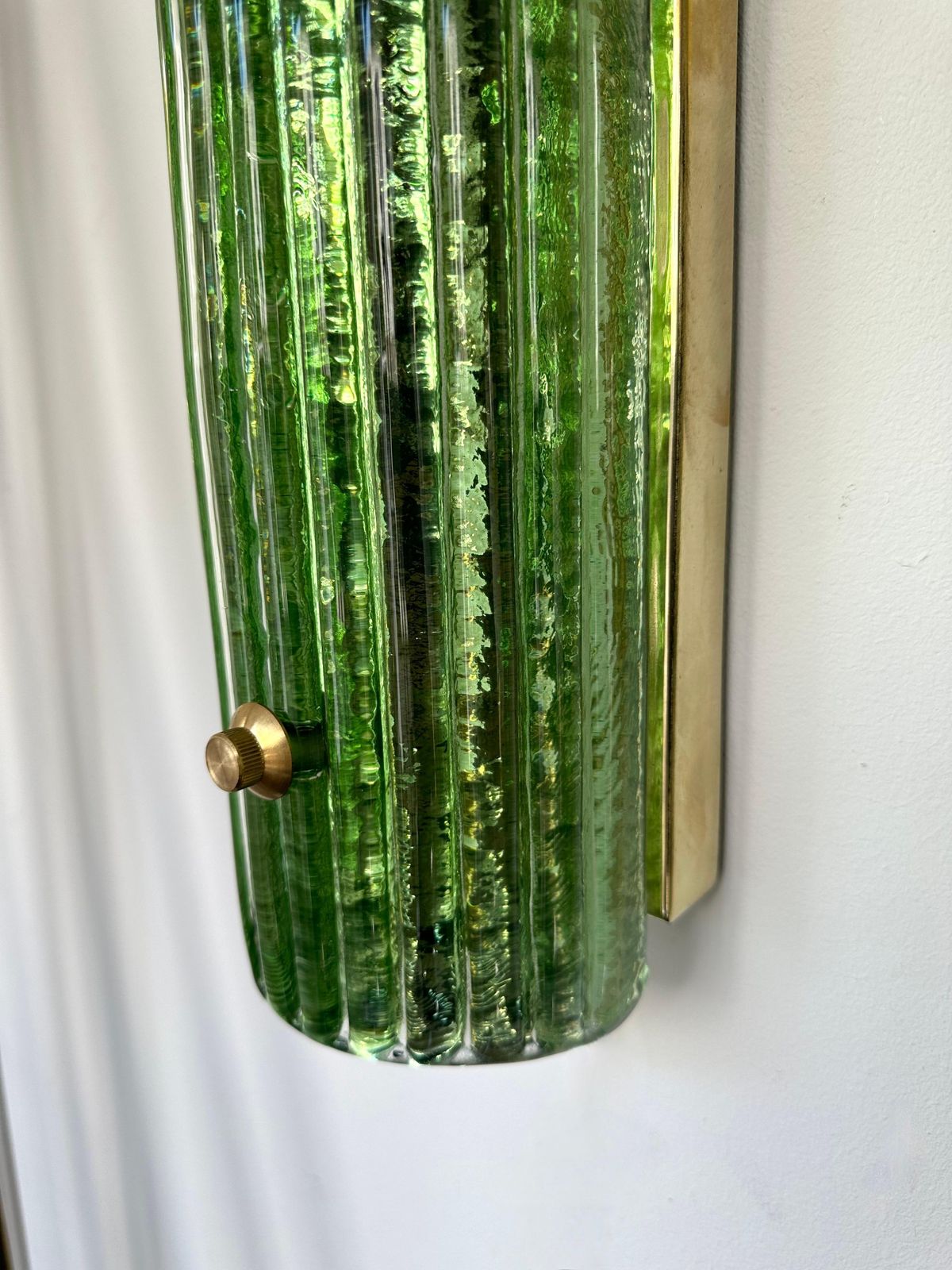 3421.0 Contemporary Pair Of Brass And Green Murano Glass Sconces, Italy photo