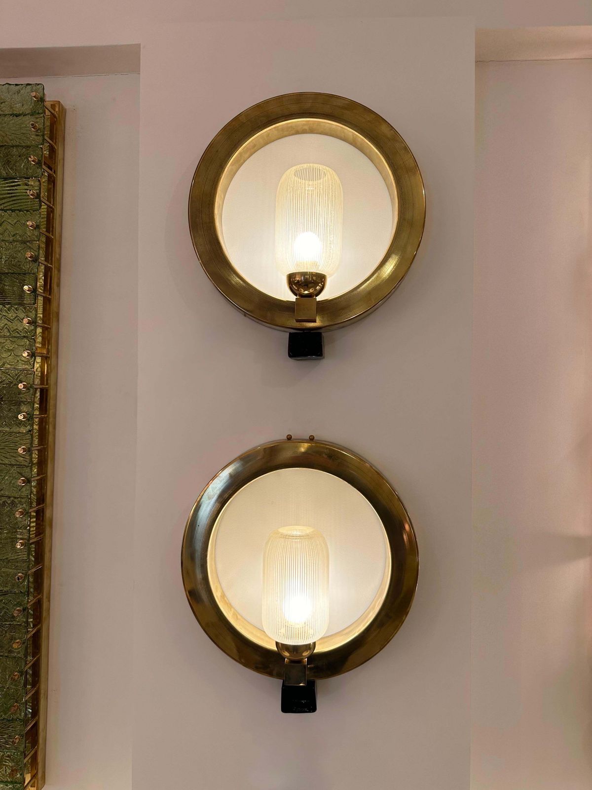 photo buy Contemporary Pair Of Circle Brass And Murano Glass Sconces, Italy
