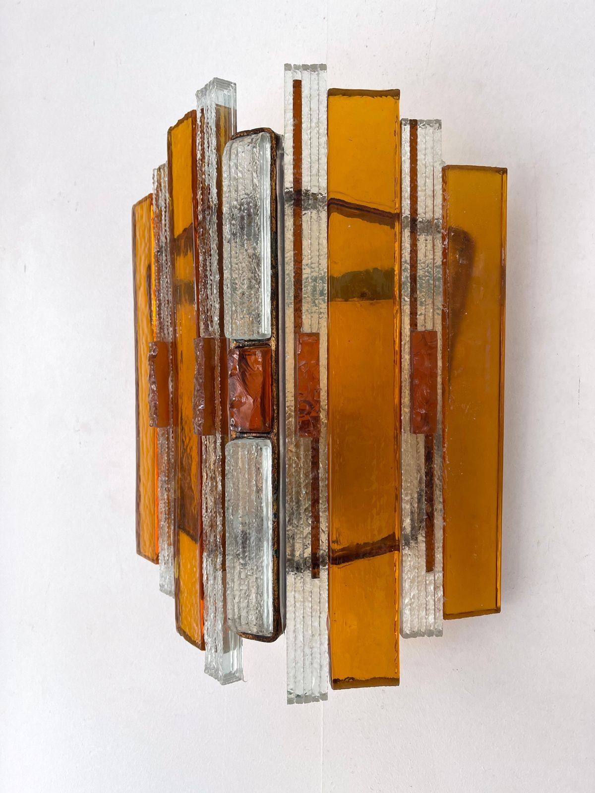 Pair Of Hammered Glass Wrought Iron Sconces By Longobard, Italy, 1970s photo vinterior