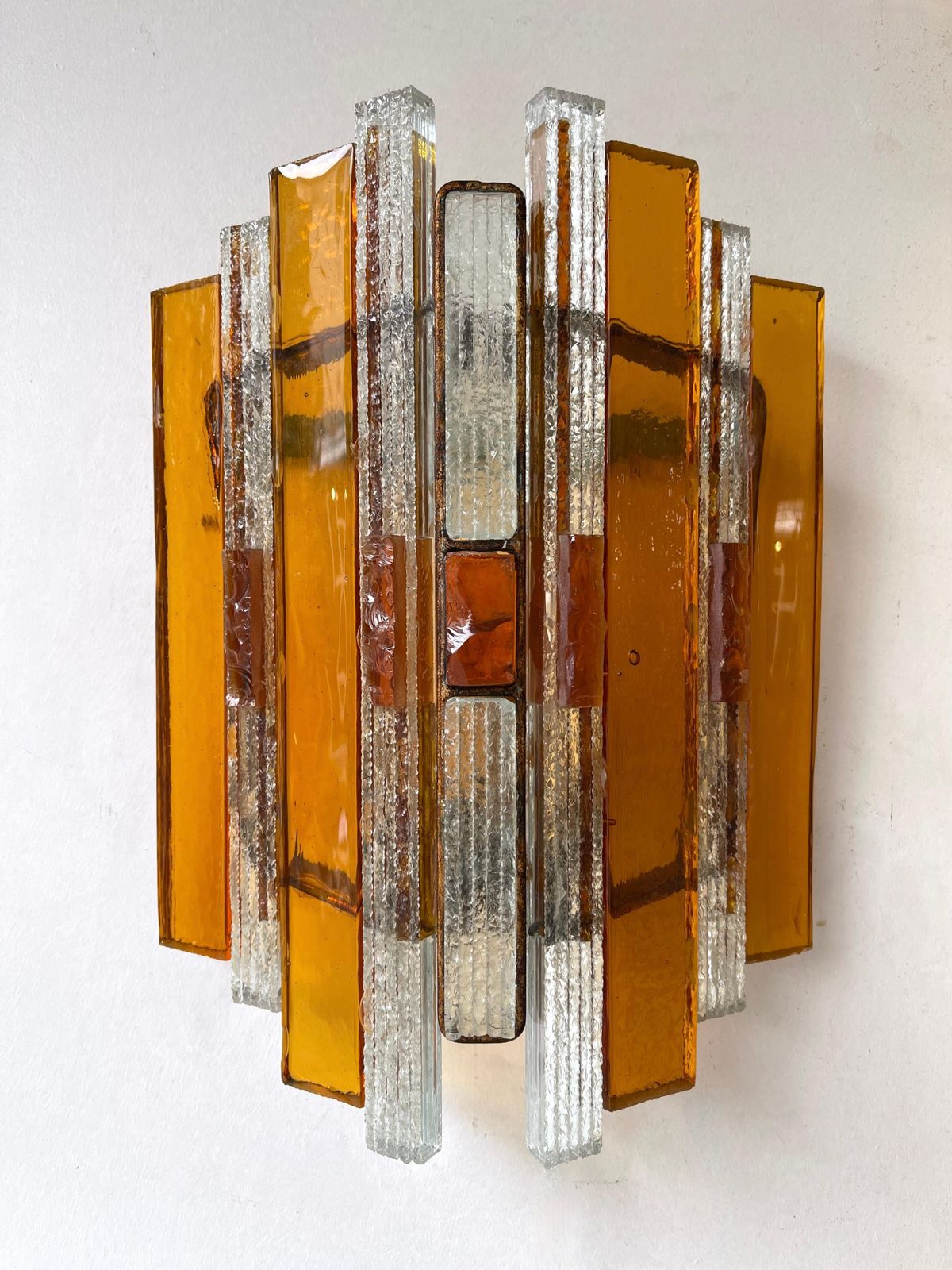Pair Of Hammered Glass Wrought Iron Sconces By Longobard, Italy, 1970s photo buy