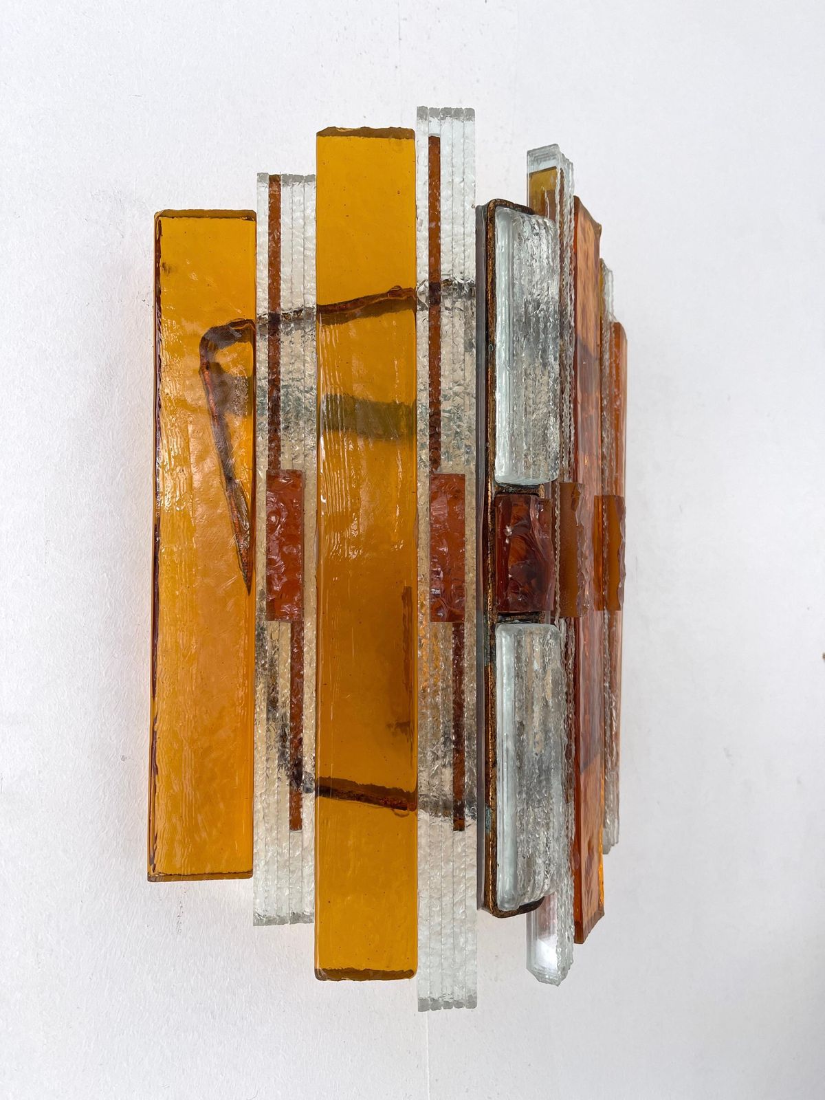 Lighting Pair Of Hammered Glass Wrought Iron Sconces By Longobard, Italy, 1970s photo