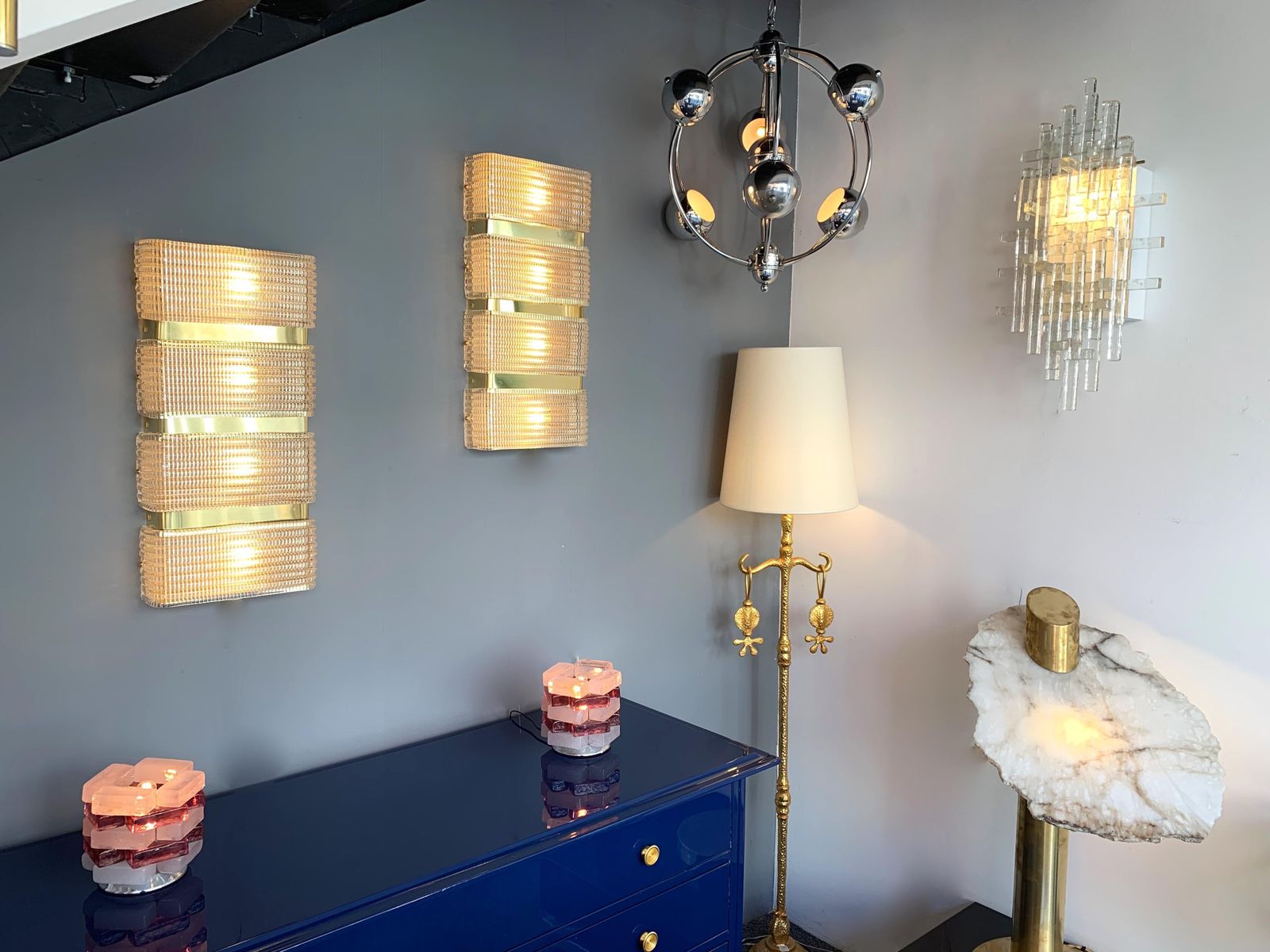 Contemporary Pair Of Brass And Murano Glass Sconces, Italy photo vintage