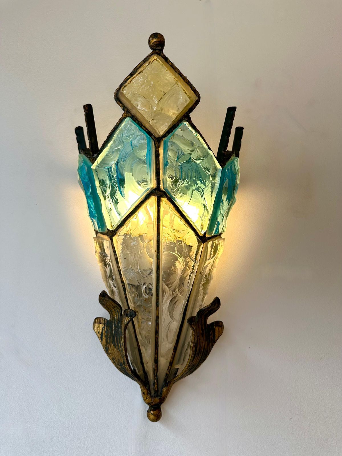 Pair Of Hammered Glass Wrought Iron Sconces By Longobard, Italy, 1970s photo furniture