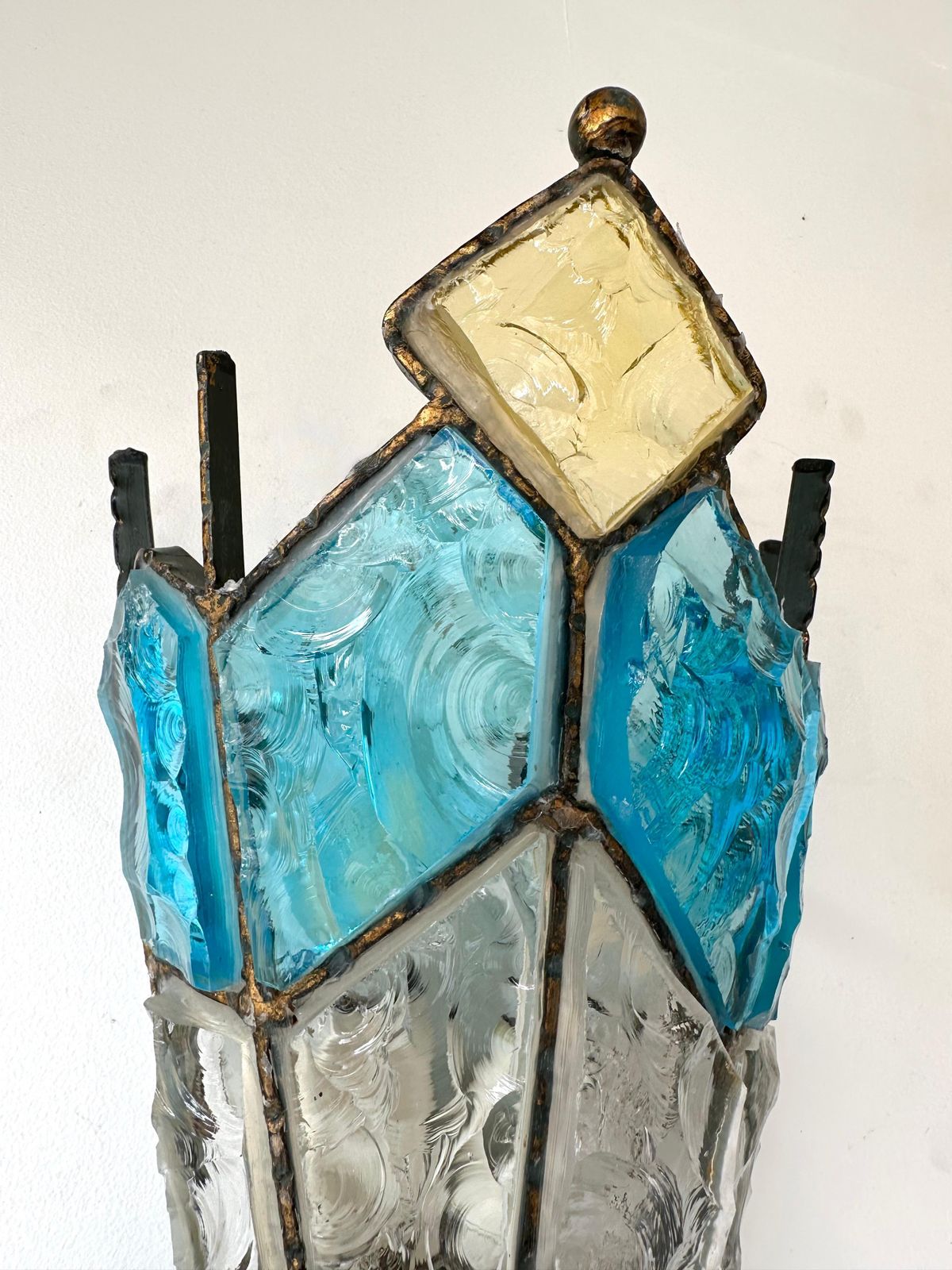 Pair Of Hammered Glass Wrought Iron Sconces By Longobard, Italy, 1970s photo vinterior