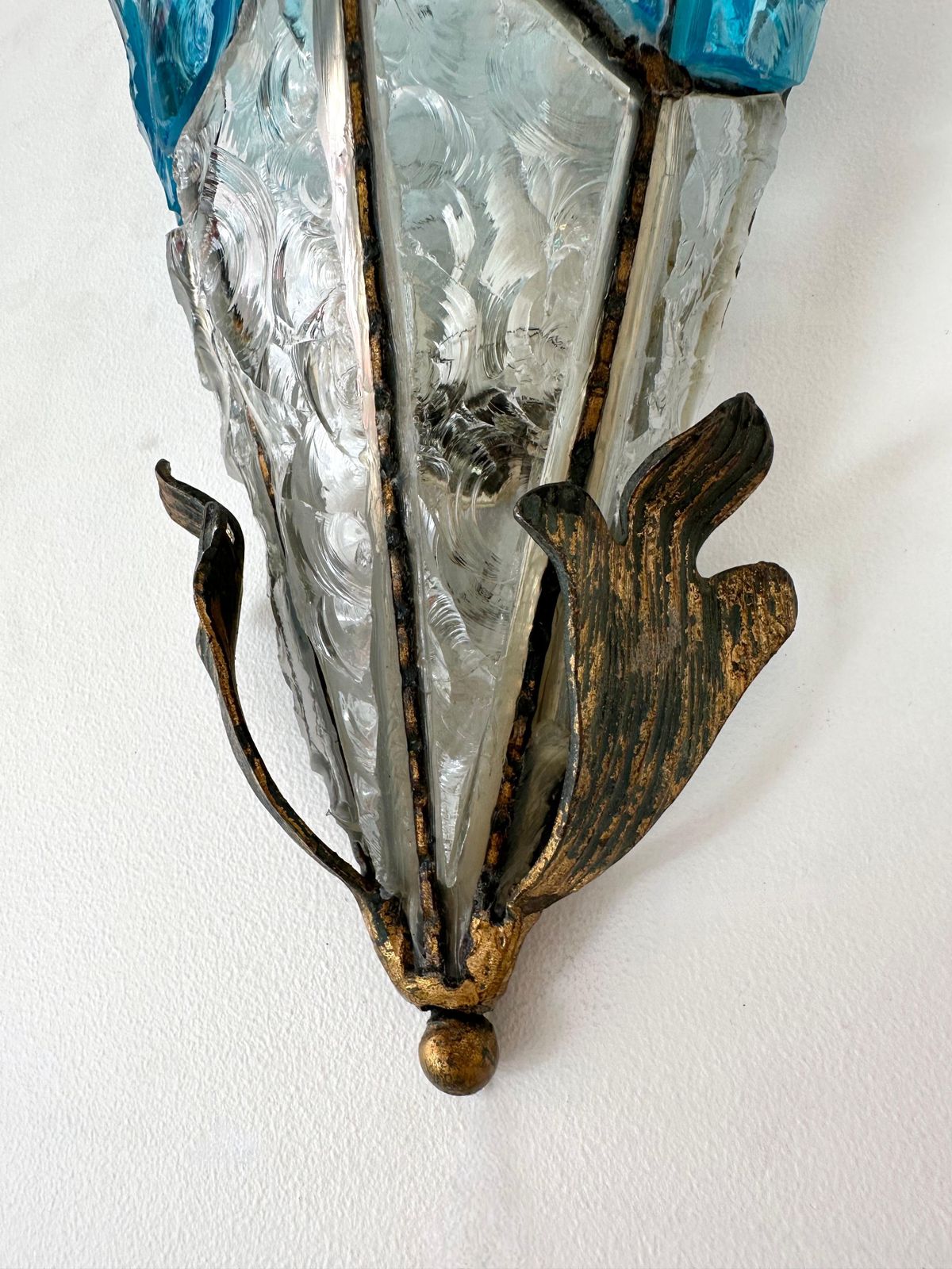 Pair Of Hammered Glass Wrought Iron Sconces By Longobard, Italy, 1970s photo buy
