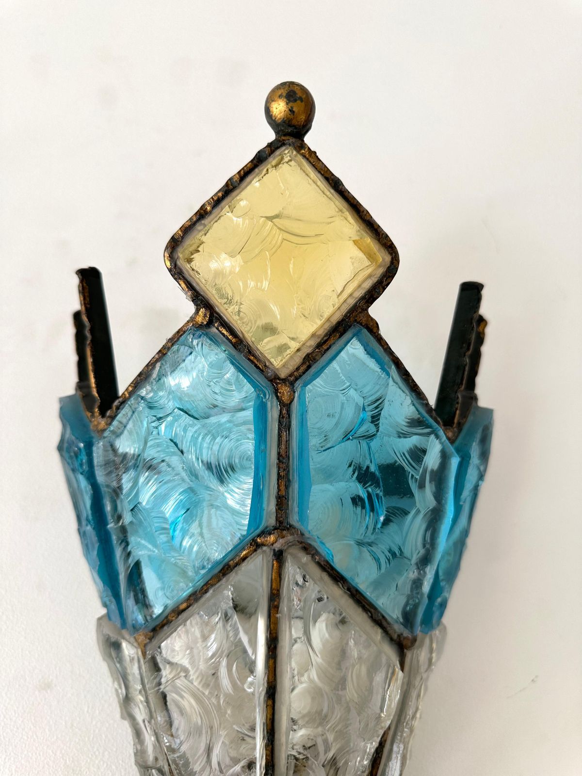 Pair Of Hammered Glass Wrought Iron Sconces By Longobard, Italy, 1970s photo vintage