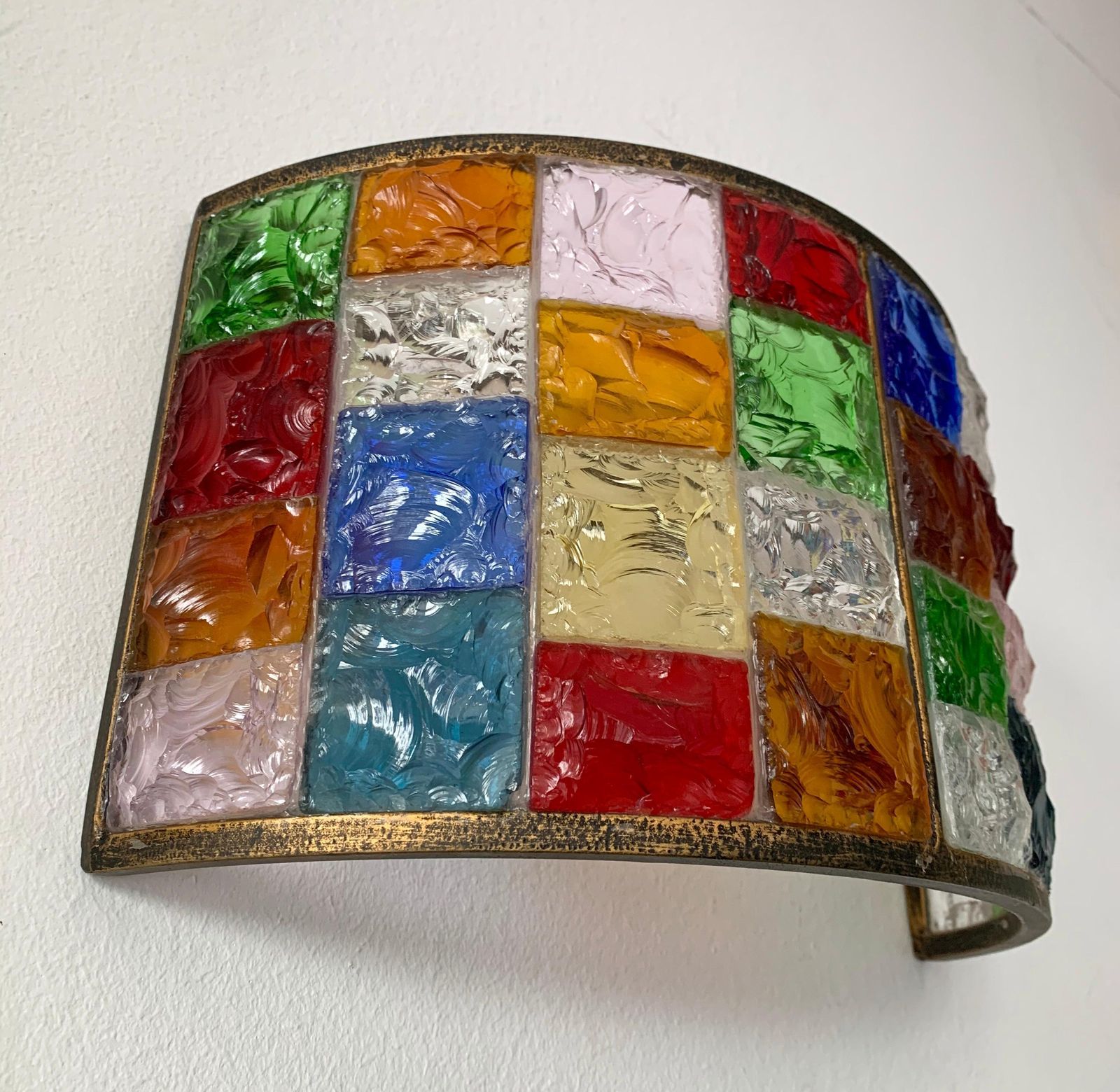Pair Of Glass And Gilt Iron Checkerboard Sconces By Longobard, Italy, 1970s photo for sale