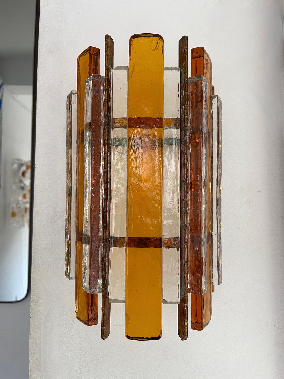 Pair Of Hammered Glass Wrought Iron Sconces By Longobard, Italy, 1970s photo buy