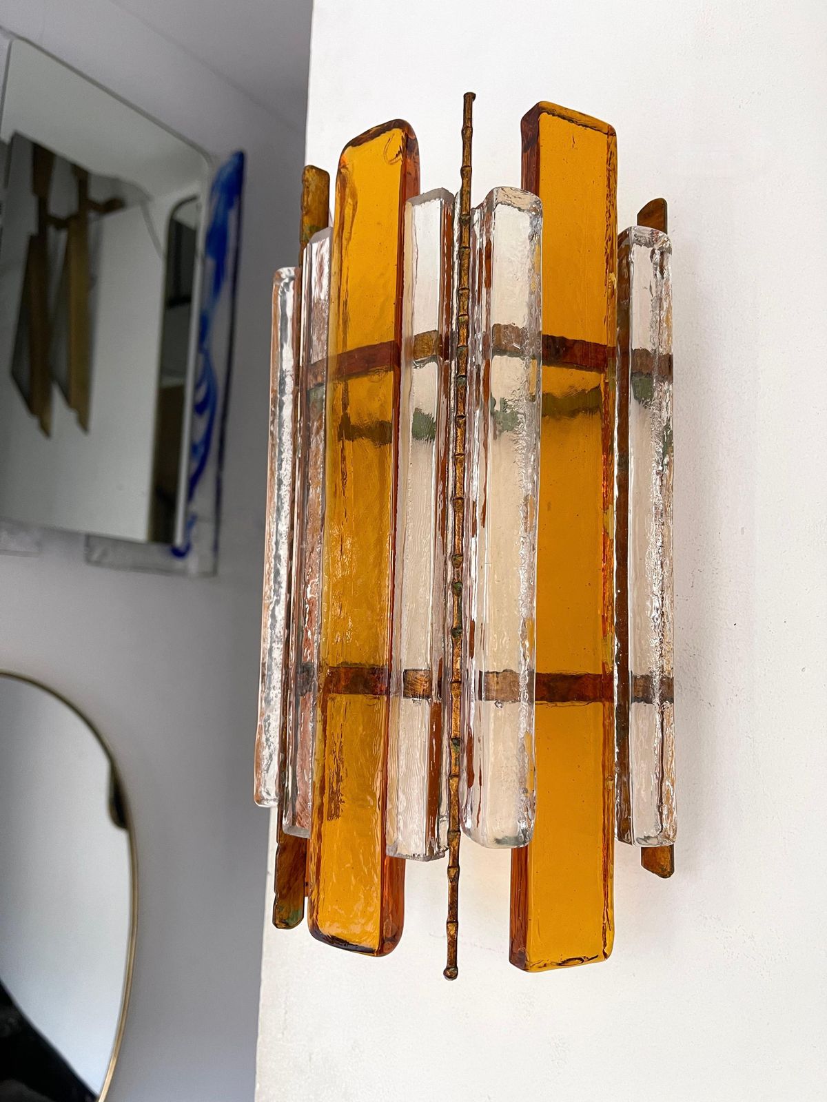 photo for sale Pair Of Hammered Glass Wrought Iron Sconces By Longobard, Italy, 1970s