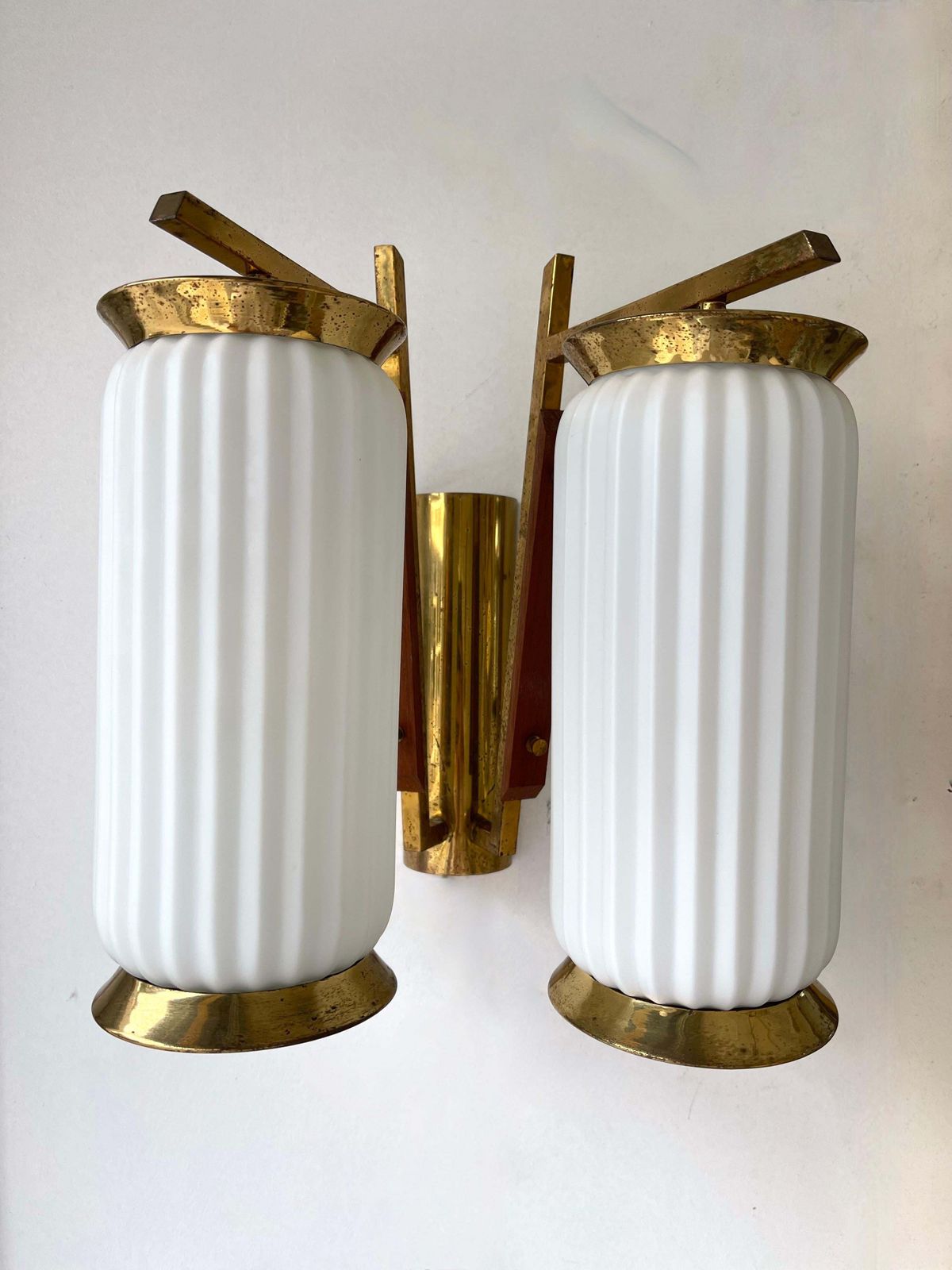 Mid Century Modern Pair Of Brass And Opaline Glass Barrel Sconces, Italy, 1950s photo furniture