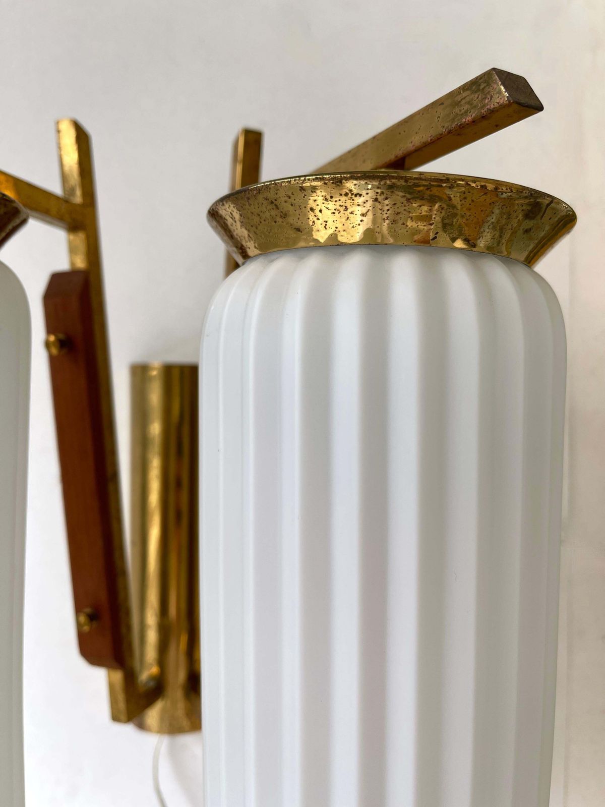 Mid Century Modern Pair Of Brass And Opaline Glass Barrel Sconces, Italy, 1950s photo vinterior