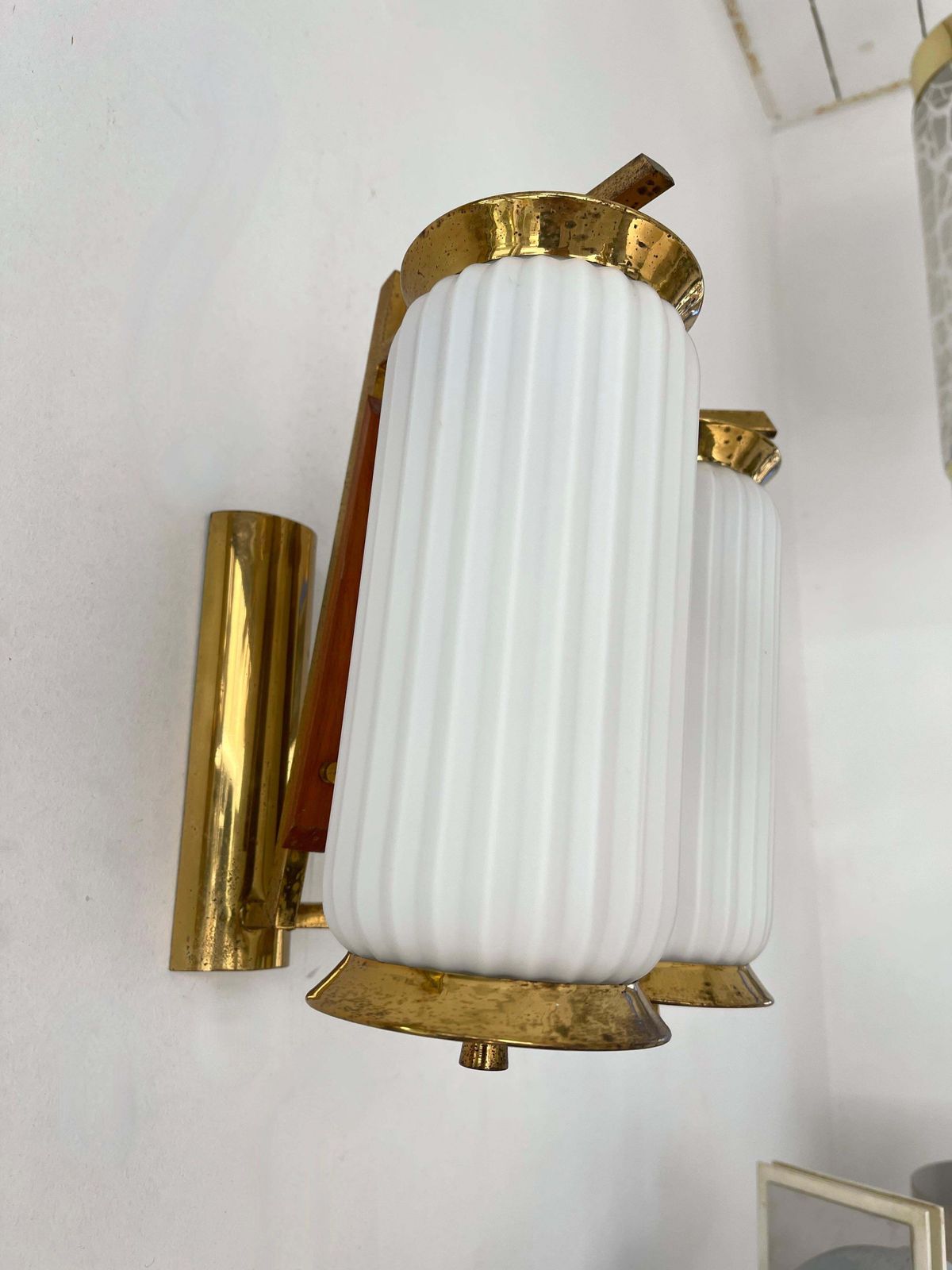 photo furniture Mid Century Modern Pair Of Brass And Opaline Glass Barrel Sconces, Italy, 1950s