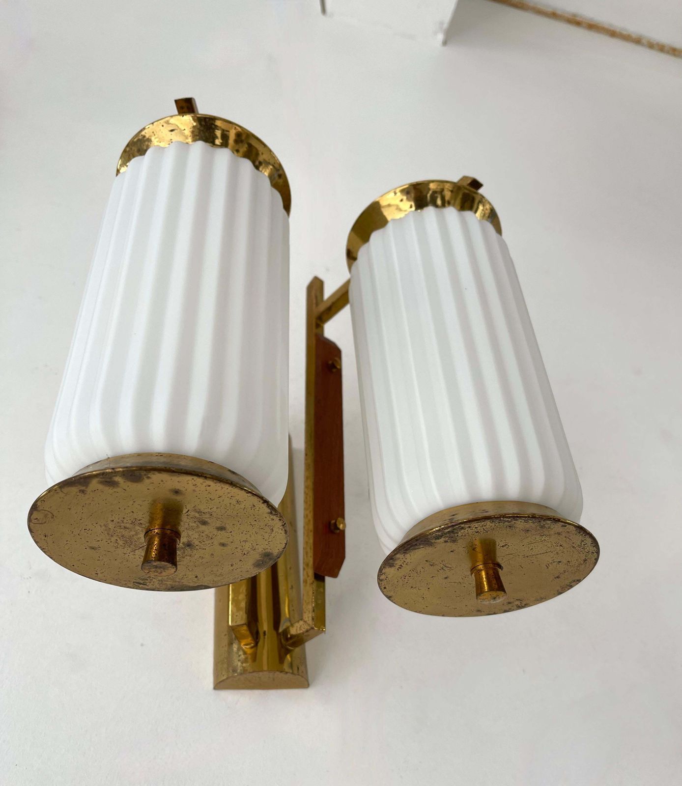photo for sale Mid Century Modern Pair Of Brass And Opaline Glass Barrel Sconces, Italy, 1950s