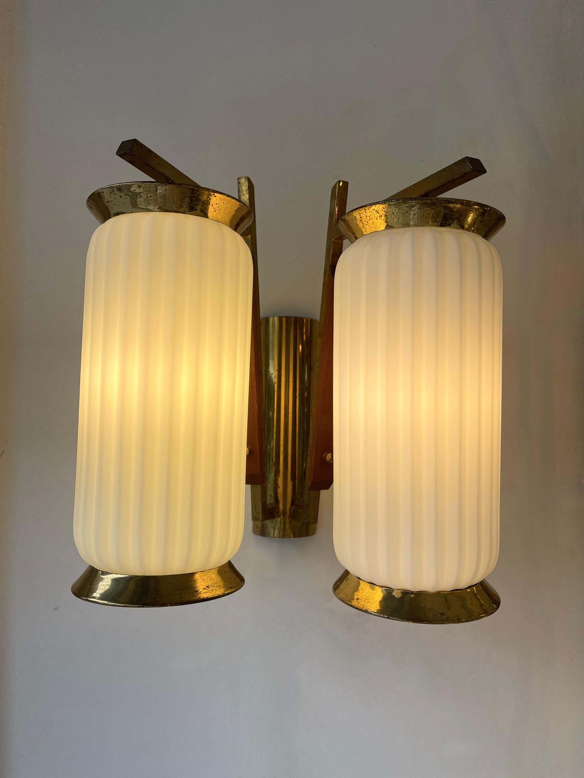 2480.0 Mid Century Modern Pair Of Brass And Opaline Glass Barrel Sconces, Italy, 1950s photo
