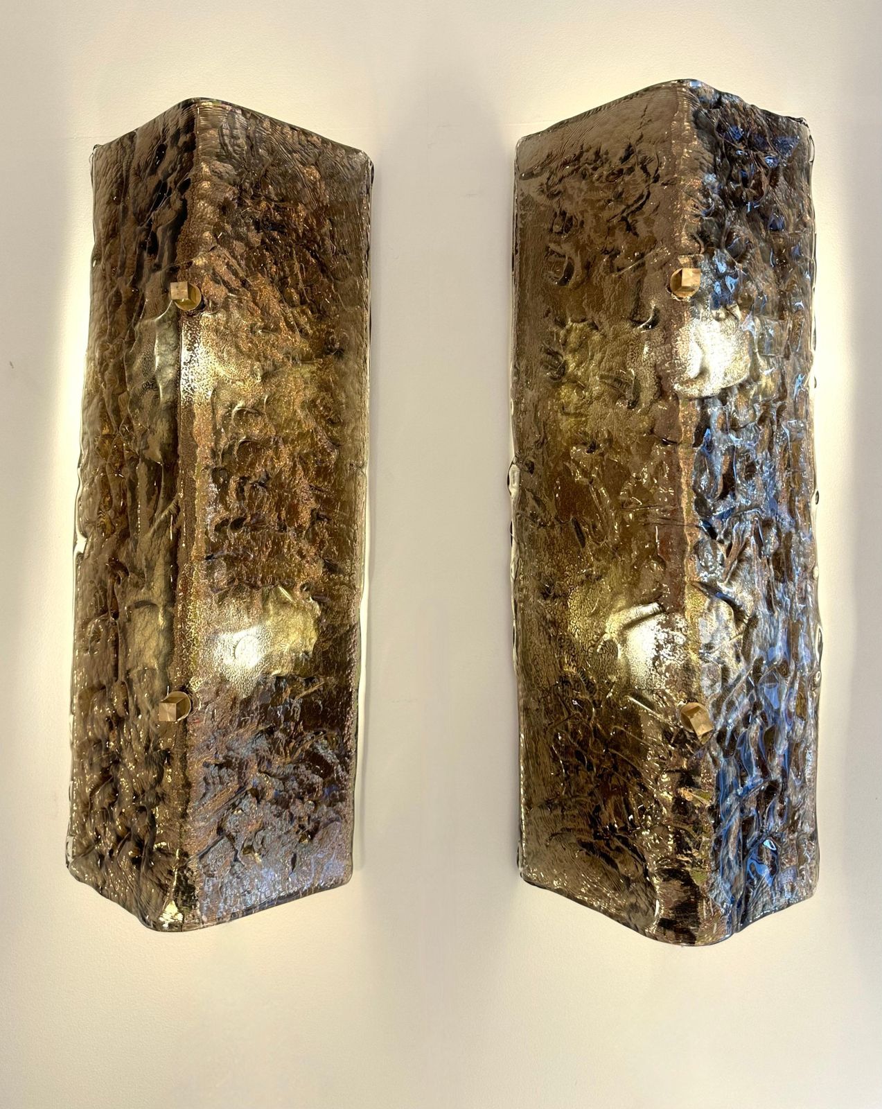 Contemporary Pair Of Brass And Cola Folded Leaf Murano Glass Sconces, Italy photo Lighting