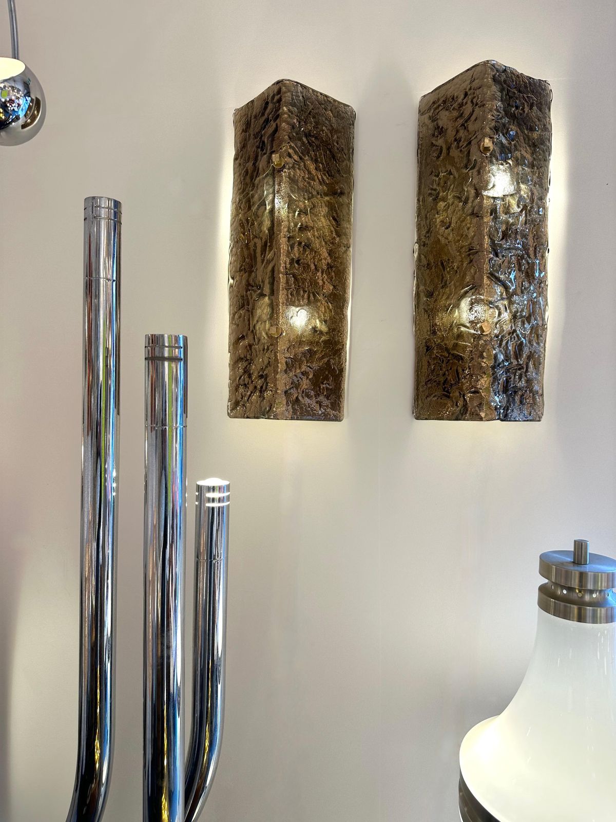 Contemporary Pair Of Brass And Cola Folded Leaf Murano Glass Sconces, Italy photo buy