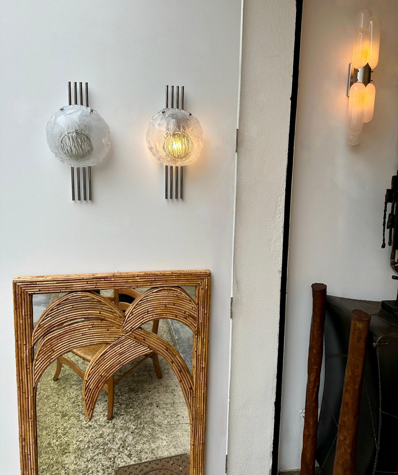 photo vinterior Pair Of Murano Glass And Metal Chrome Sconces By Esperia. Italy, 1970s