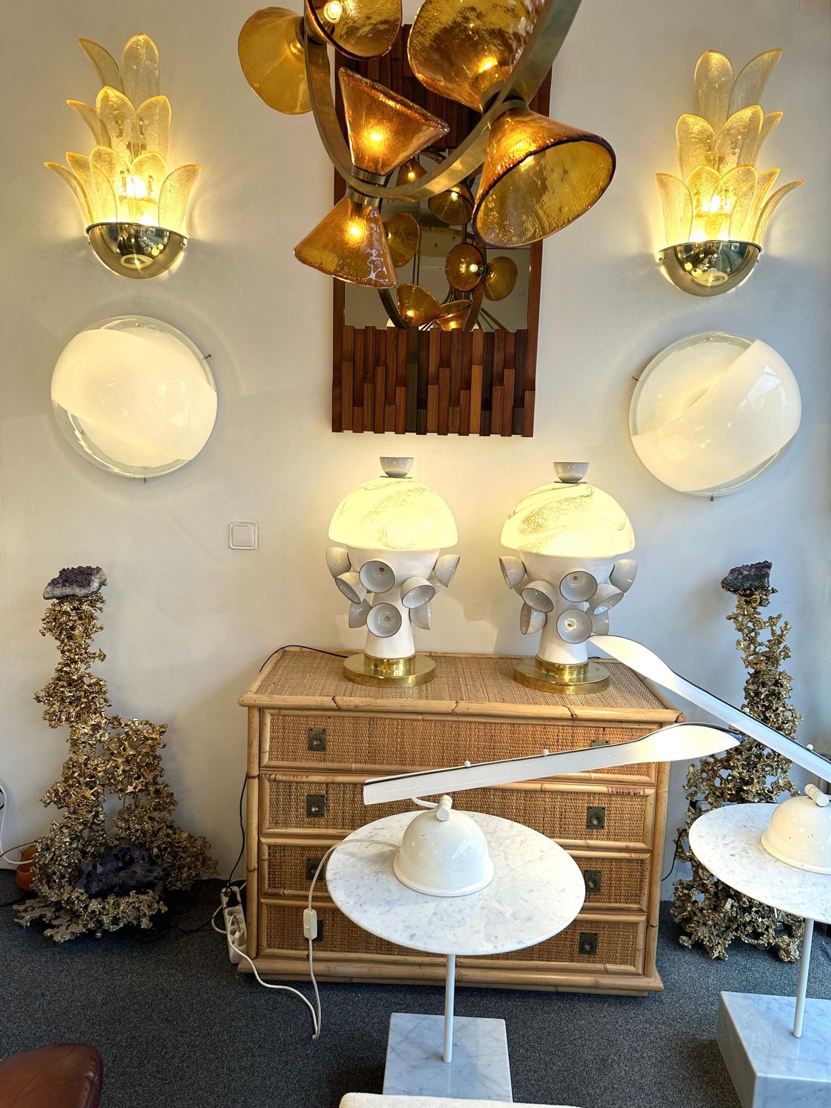 Contemporary Pair Of Brass And Gilt Murano Glass Palm Tree Sconces, Italy photo Lighting