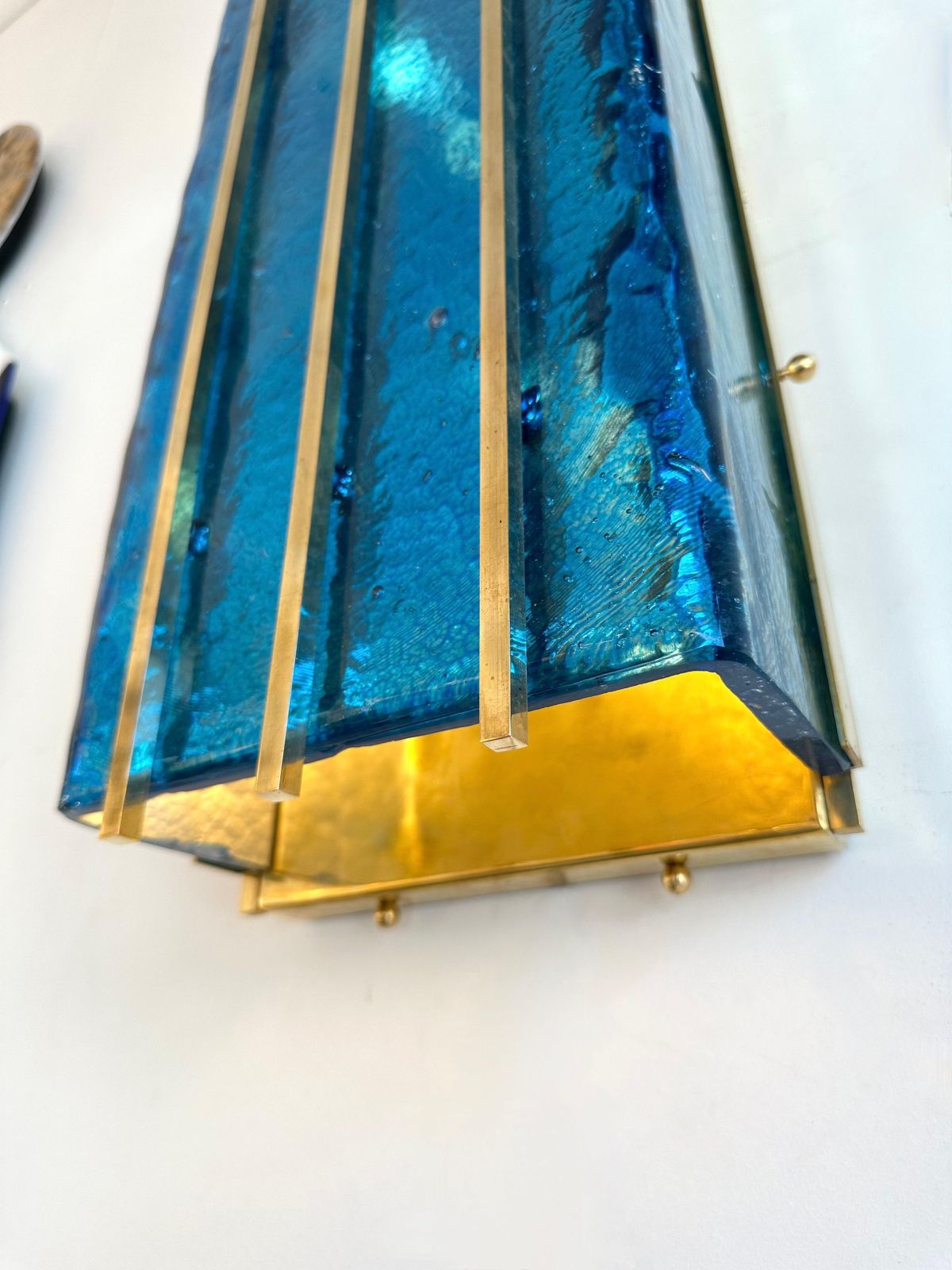 Contemporary Pair Of Brass And Blue Murano Glass Sconces, Italy photo for sale