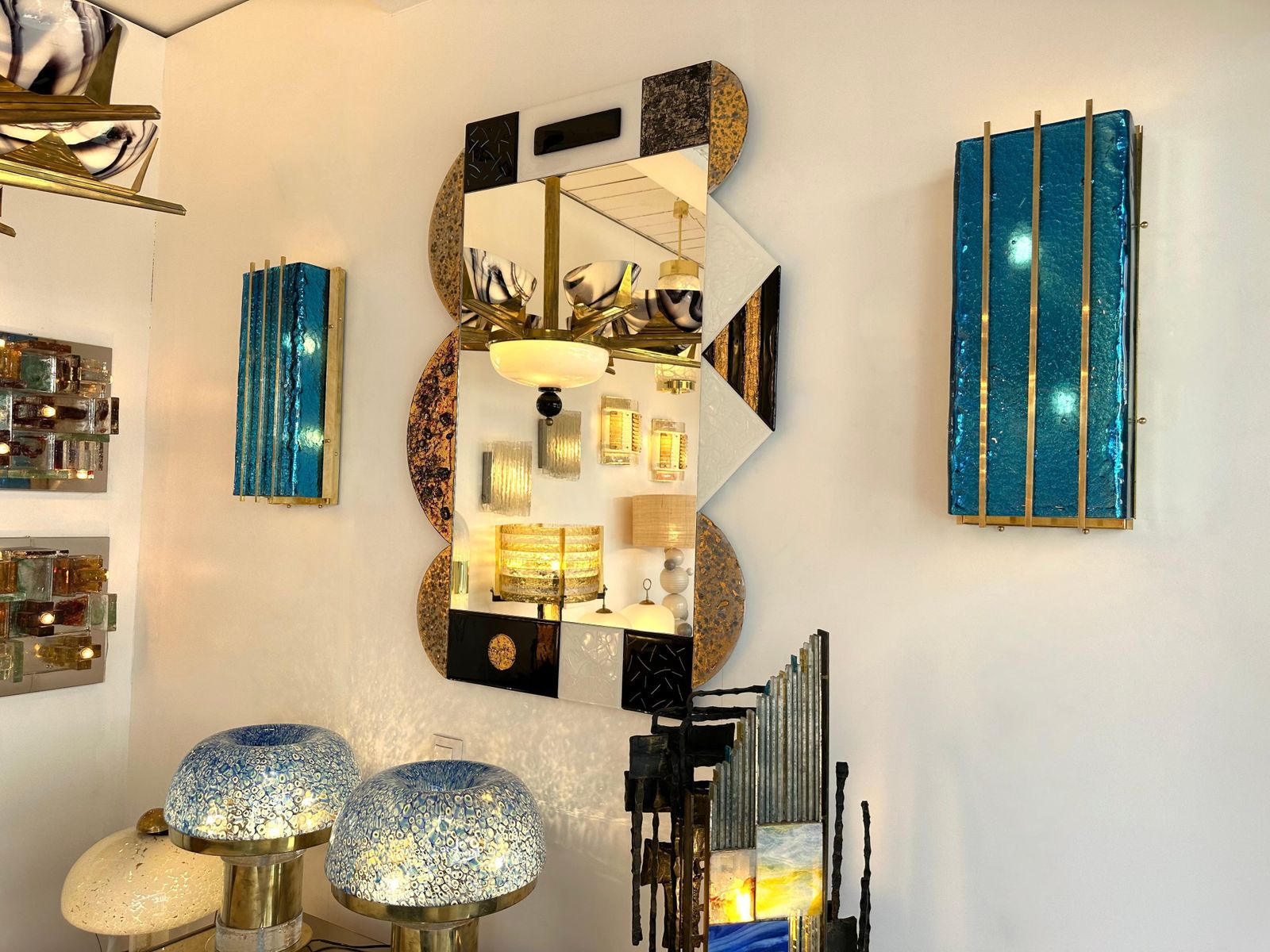 Contemporary Pair Of Brass And Blue Murano Glass Sconces, Italy photo 3849.0