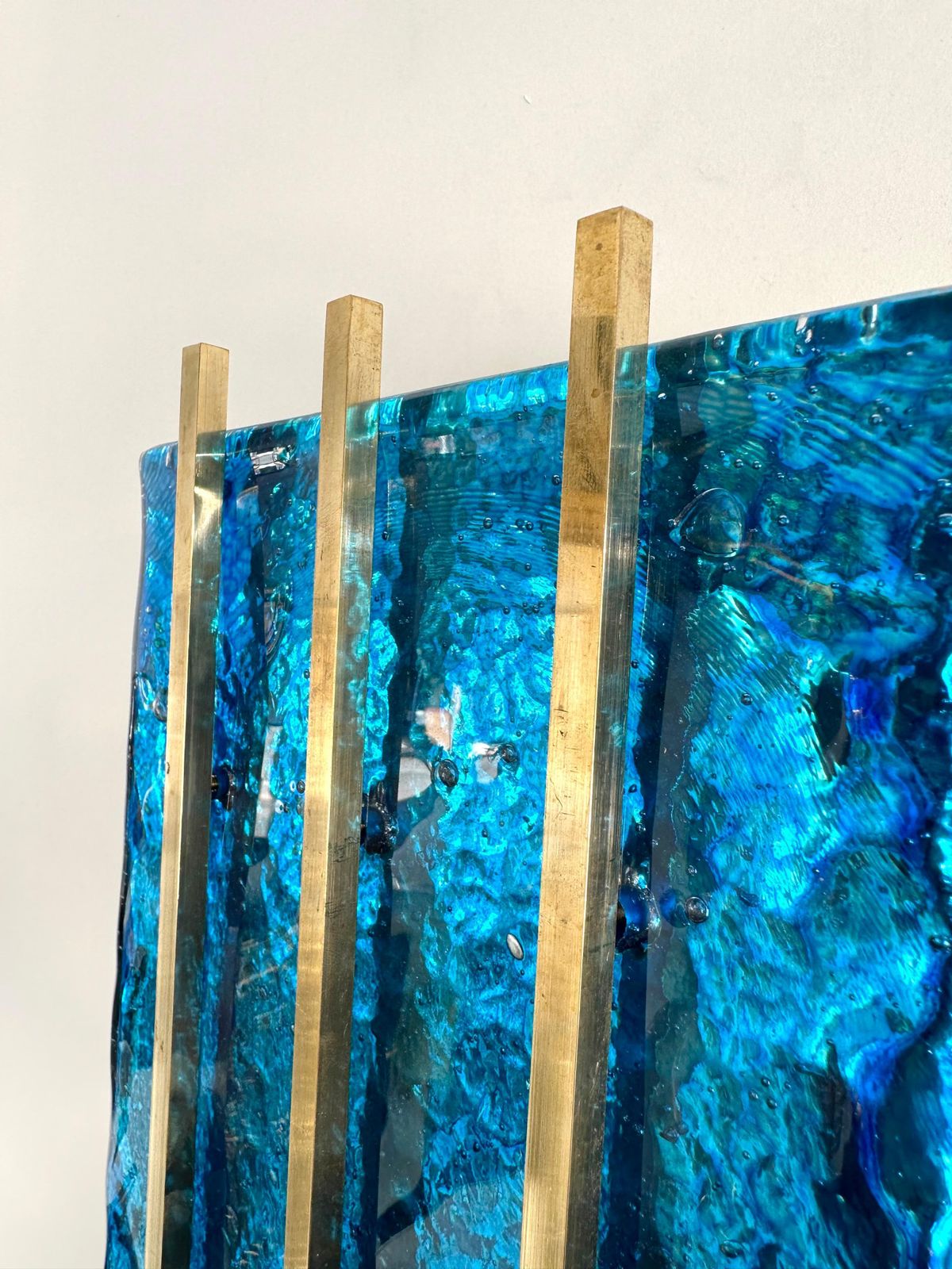 photo for sale Contemporary Pair Of Brass And Blue Murano Glass Sconces, Italy