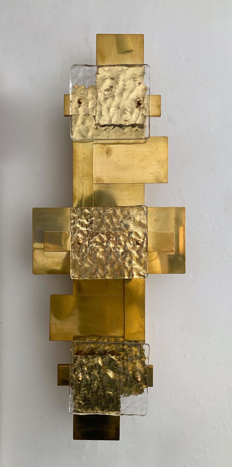 Contemporary Pair Of Brass Sconces Geometrical Murano Glass, Italy photo furniture