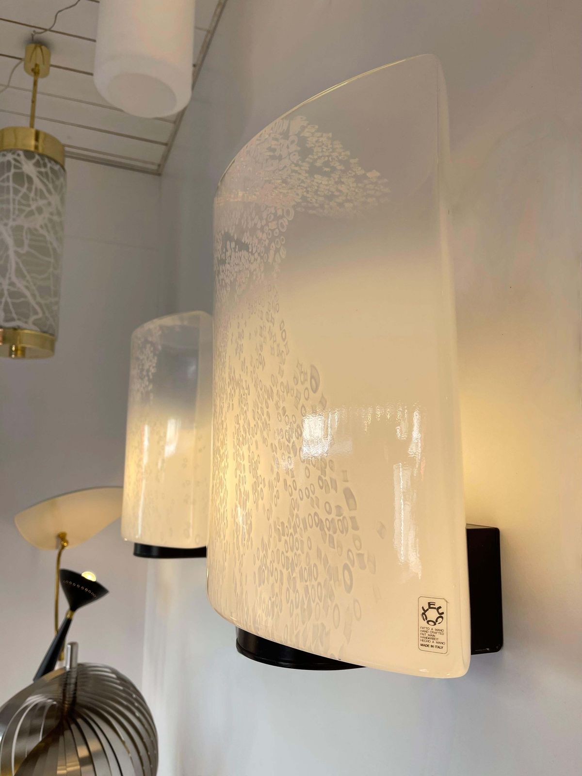 Lighting Pair Of Bubble Murano Glass And Metal Sconces By Leucos, Italy, 1970s photo
