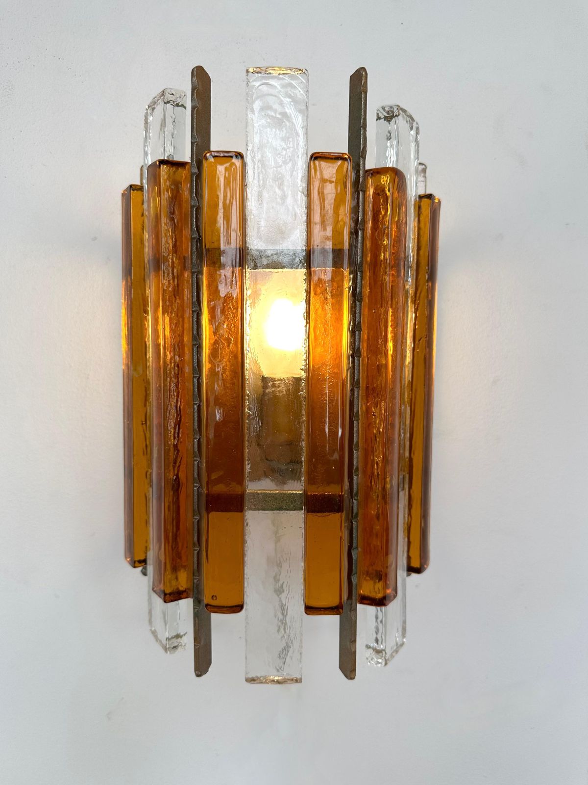Pair Of Hammered Glass Wrought Iron Sconces By Longobard, Italy, 1970s photo 3592.0