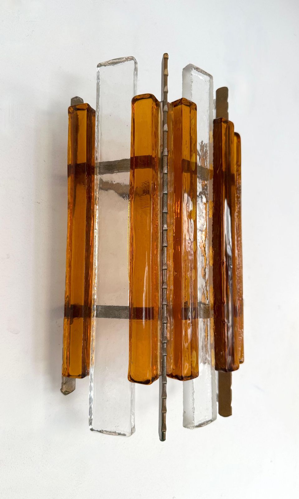 Pair Of Hammered Glass Wrought Iron Sconces By Longobard, Italy, 1970s photo buy