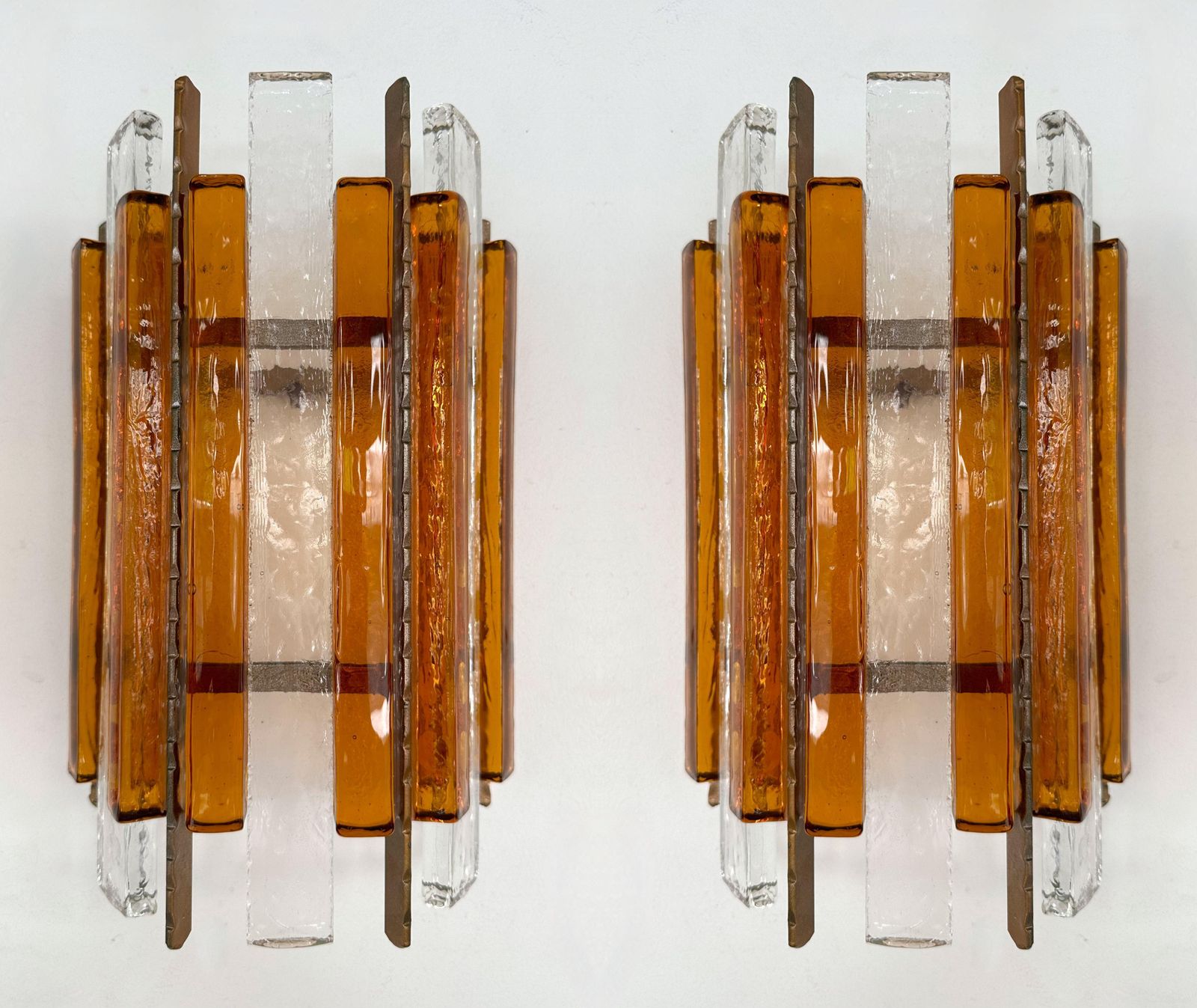 Pair Of Hammered Glass Wrought Iron Sconces By Longobard, Italy, 1970s photo vintage