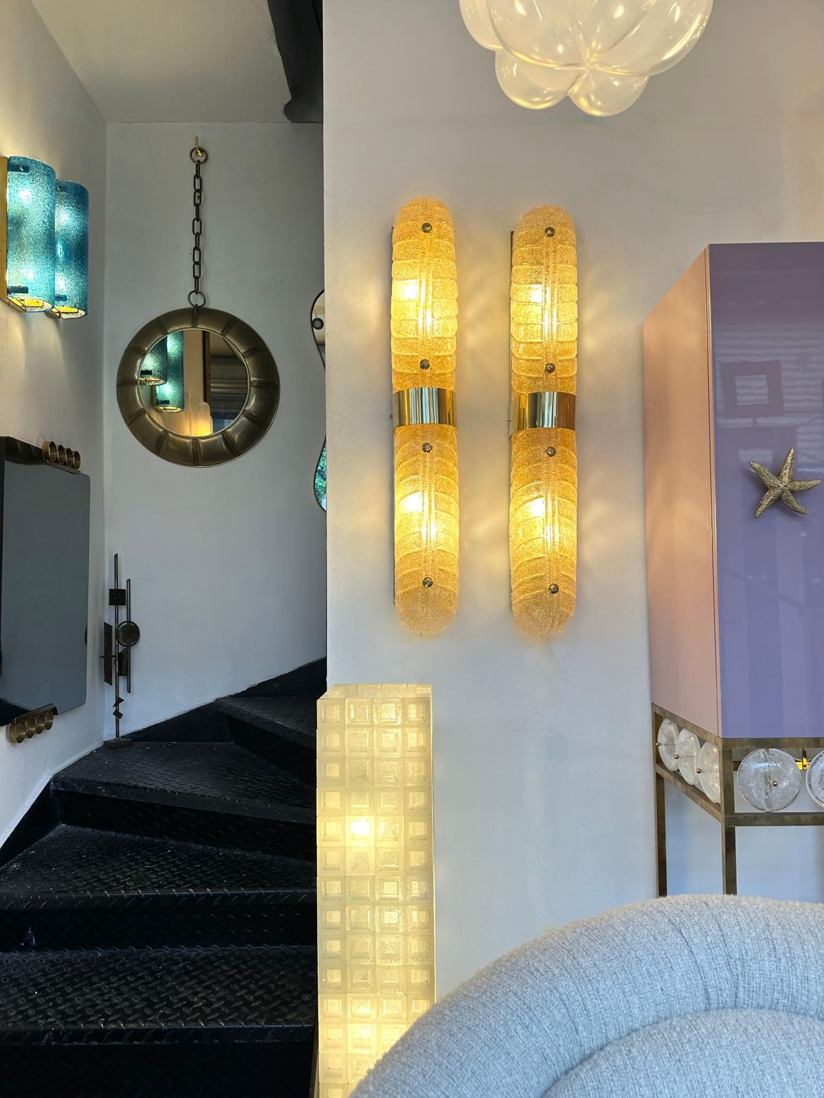 Contemporary Pair Of Brass And Palm Murano Glass Sconces, Italy photo for sale