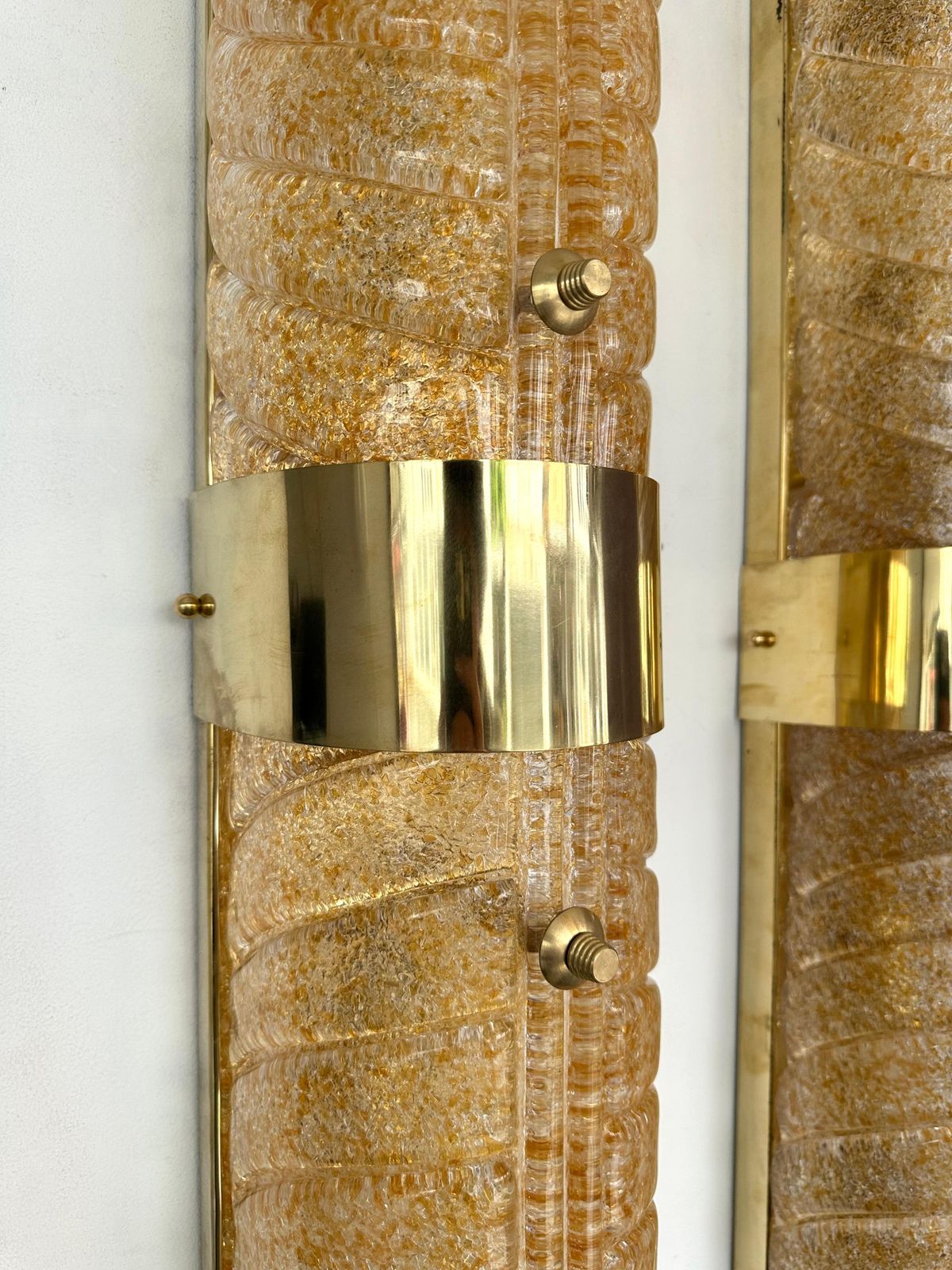 Contemporary Pair Of Brass And Palm Murano Glass Sconces, Italy photo vintage