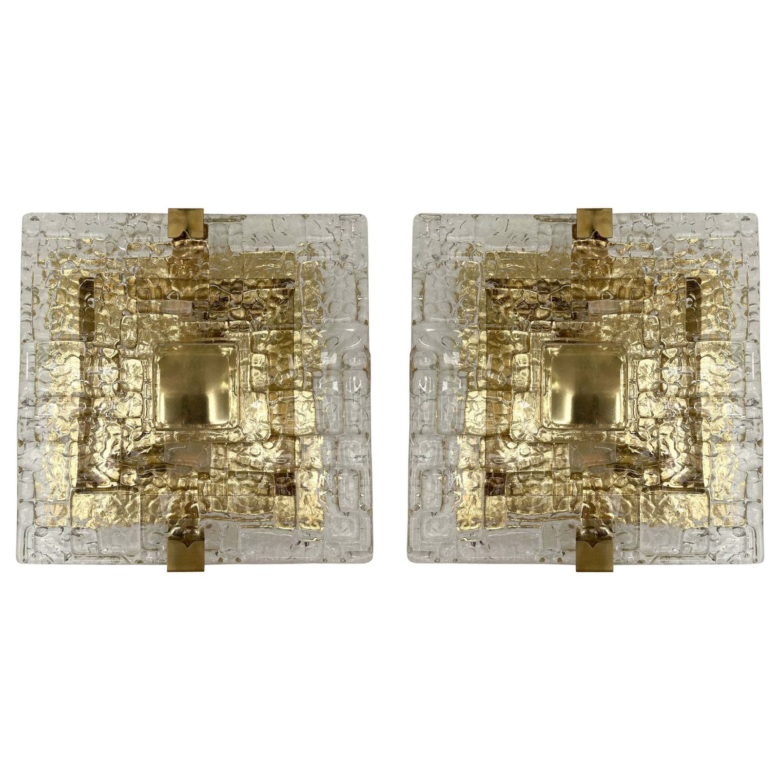 Contemporary Pair Of Sconces Brass And Murano Glass Textured Blade, Italy