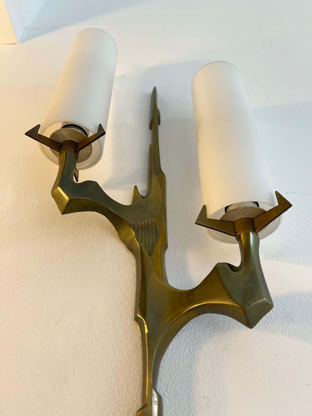 Lighting Pair Of Gilt Bronze And Opaline Glass Sconces By Maison Arlus, France, 1960s photo