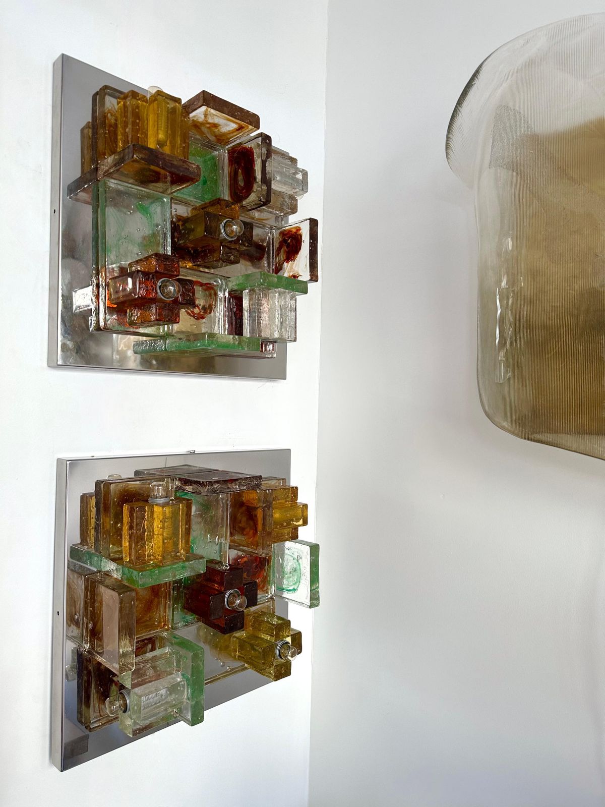 Pair Of Geometry Glass Construction Metal Sconces By Poliarte, Italy, 1970s photo for sale