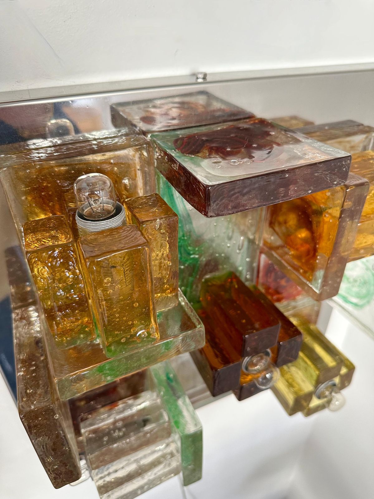 Pair Of Geometry Glass Construction Metal Sconces By Poliarte, Italy, 1970s photo Lighting