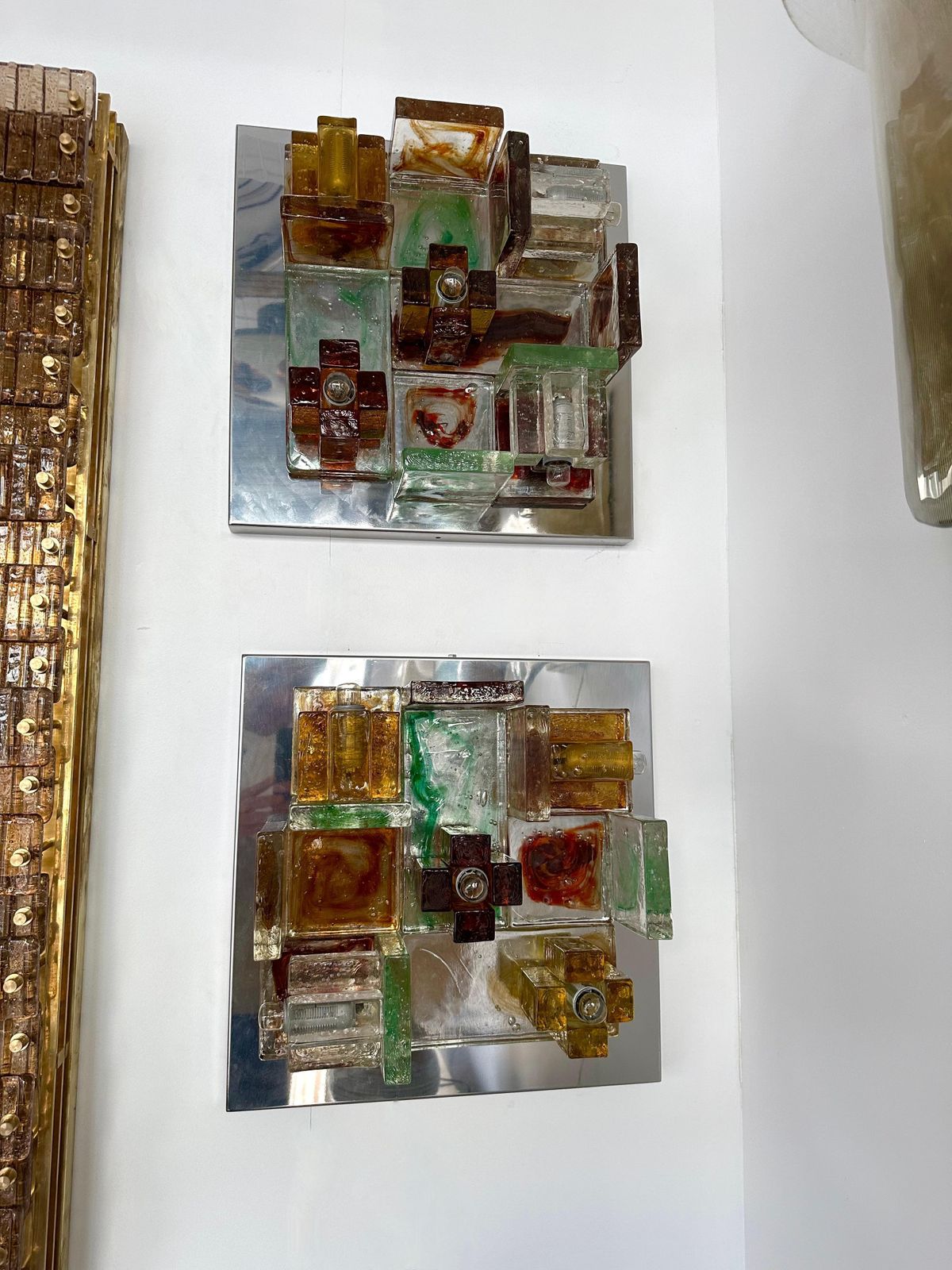 Lighting Pair Of Geometry Glass Construction Metal Sconces By Poliarte, Italy, 1970s photo