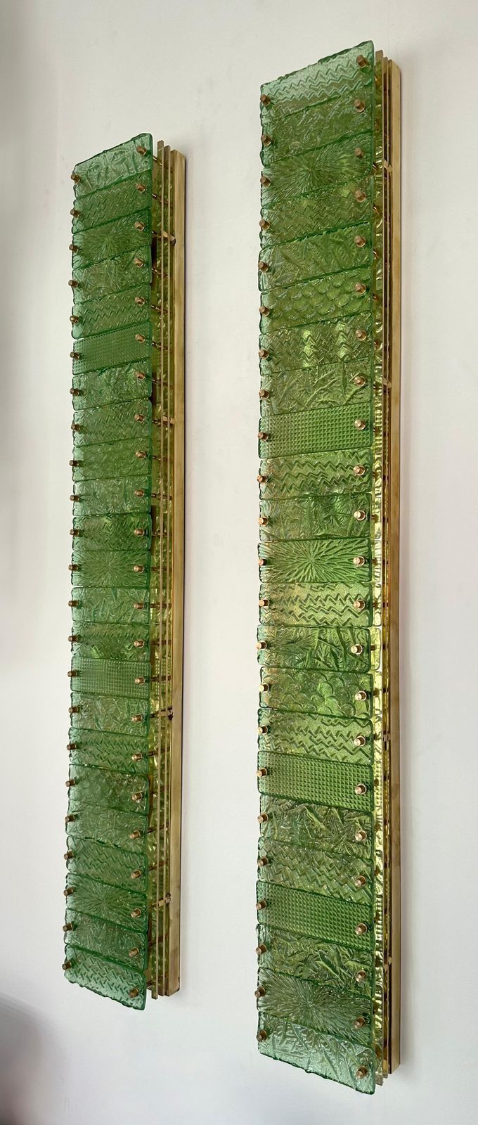 Large Contemporary Pair Of Brass Green Gold Leaf Murano Glass Sconces, Italy photo vinterior