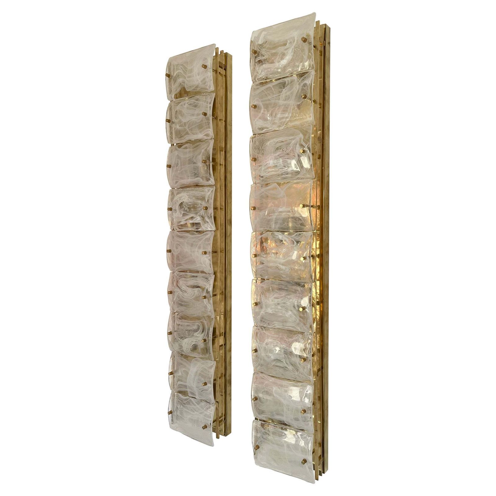 Large Contemporary Pair Of Brass And White Penerello Murano Glass Sconces, Italy