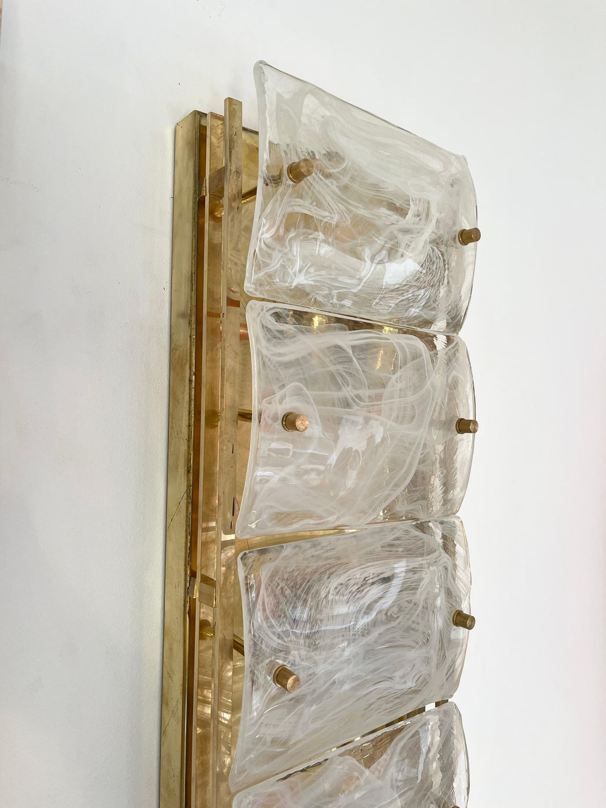 Large Contemporary Pair Of Brass And White Penerello Murano Glass Sconces, Italy photo vinterior