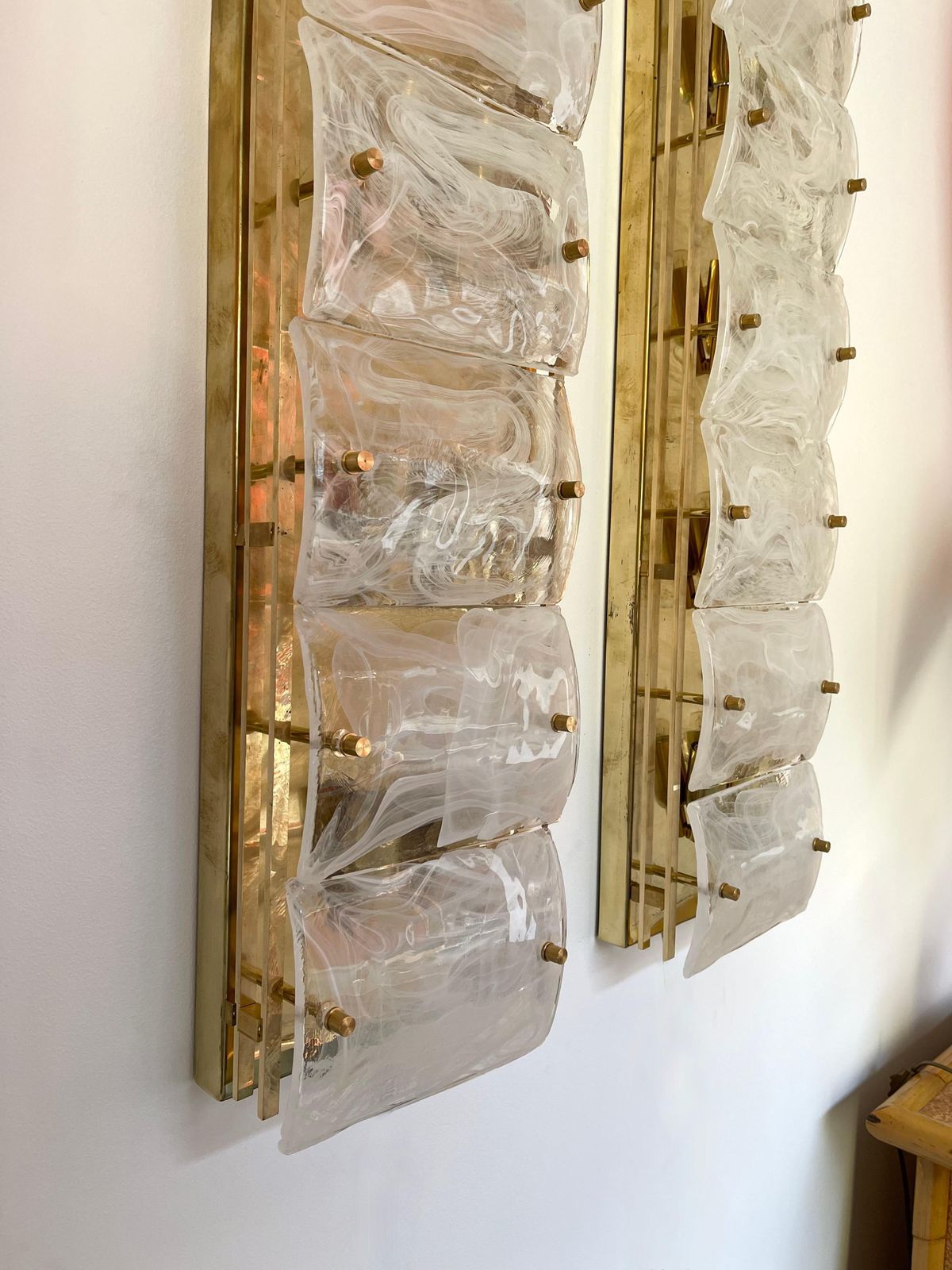 Large Contemporary Pair Of Brass And White Penerello Murano Glass Sconces, Italy photo buy