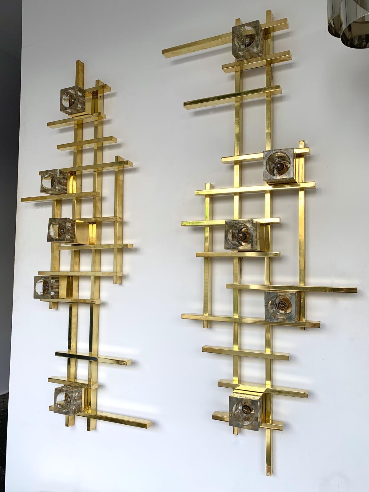 Pair Of Contemporary Brass Murano Glass Cubic Sconces, Italy photo furniture