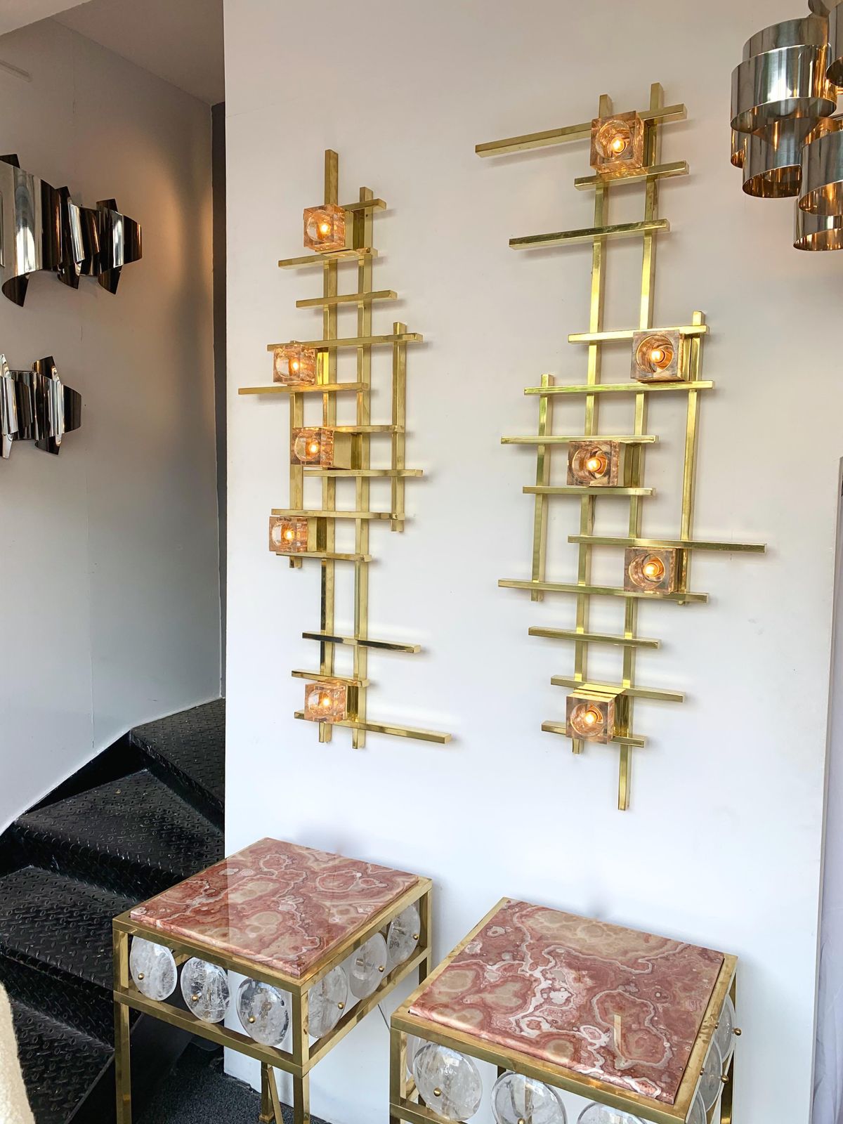 photo furniture Pair Of Contemporary Brass Murano Glass Cubic Sconces, Italy